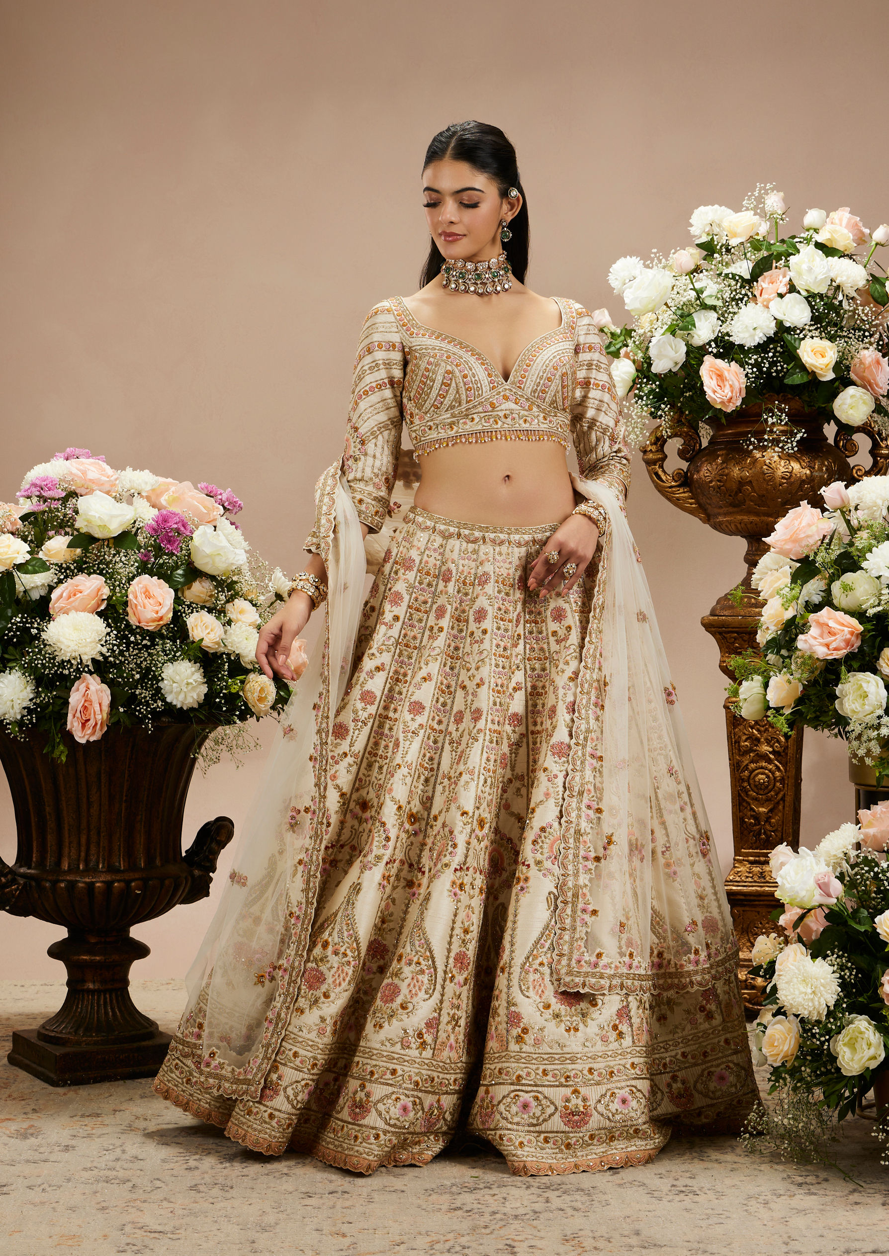 Twamev Women Cream Beige Floral Embroidered Lehenga with Paisley Patterns And Zari Work