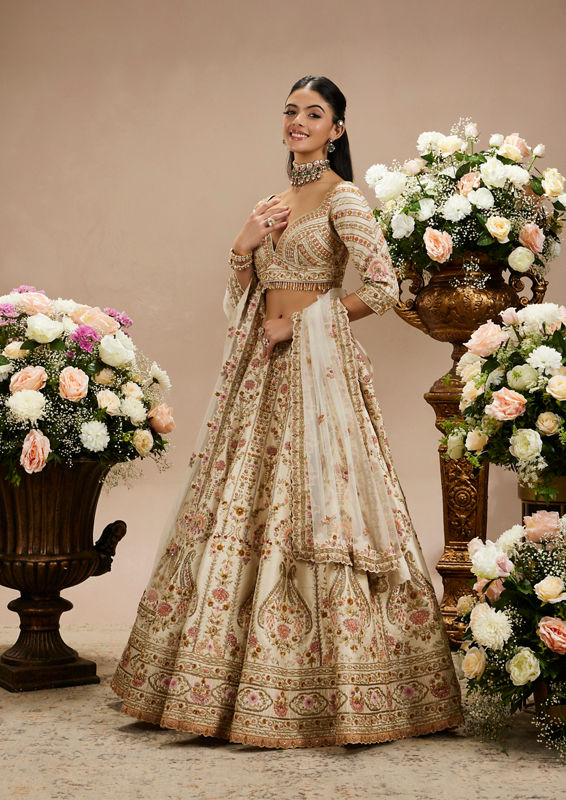 Twamev Women Cream Beige Floral Embroidered Lehenga with Paisley Patterns And Zari Work