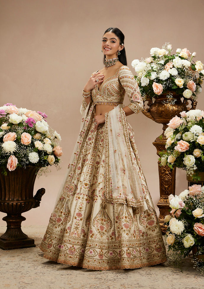 Twamev Women Cream Beige Floral Embroidered Lehenga with Paisley Patterns And Zari Work