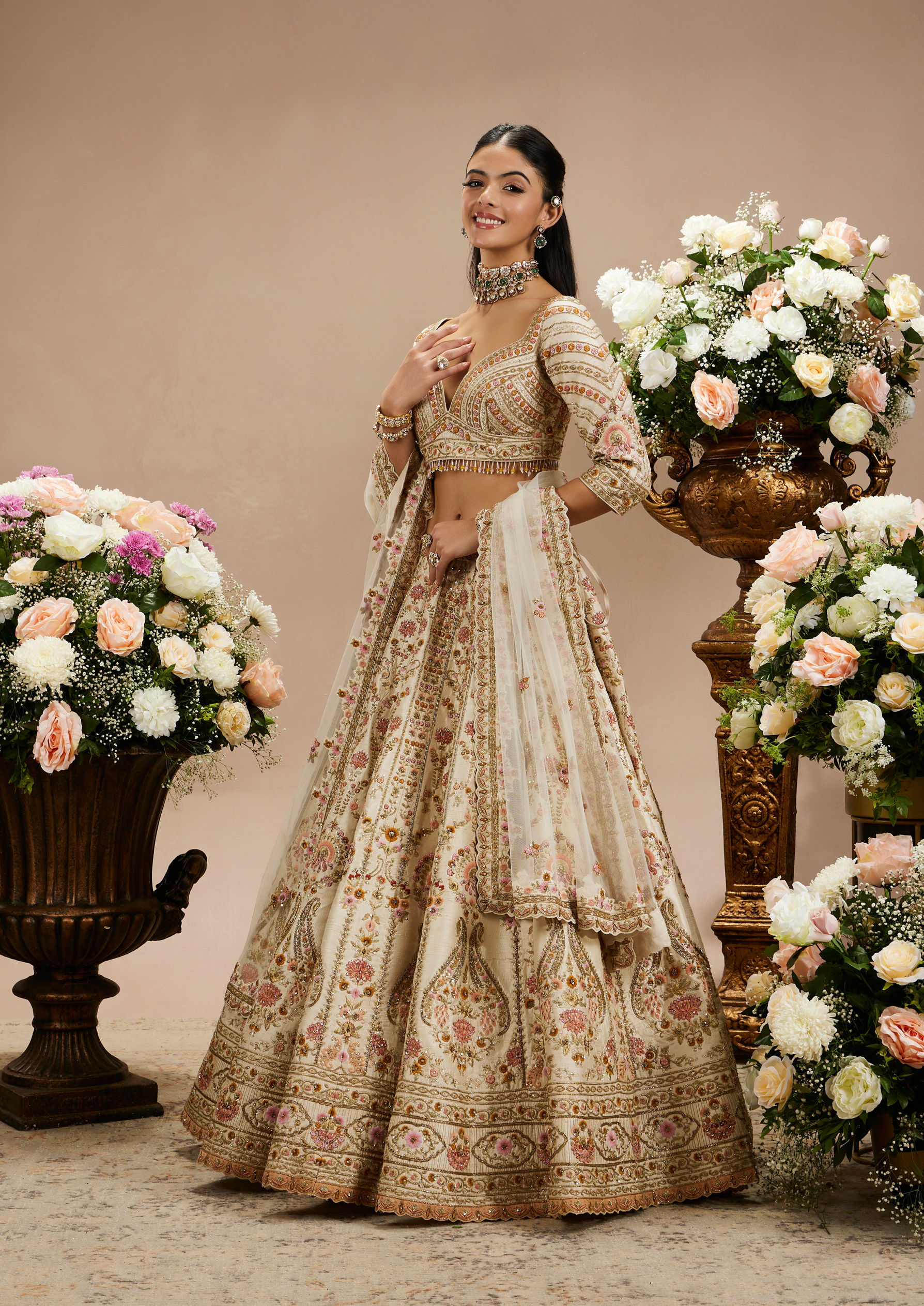 Twamev Women Cream Beige Floral Embroidered Lehenga with Paisley Patterns And Zari Work