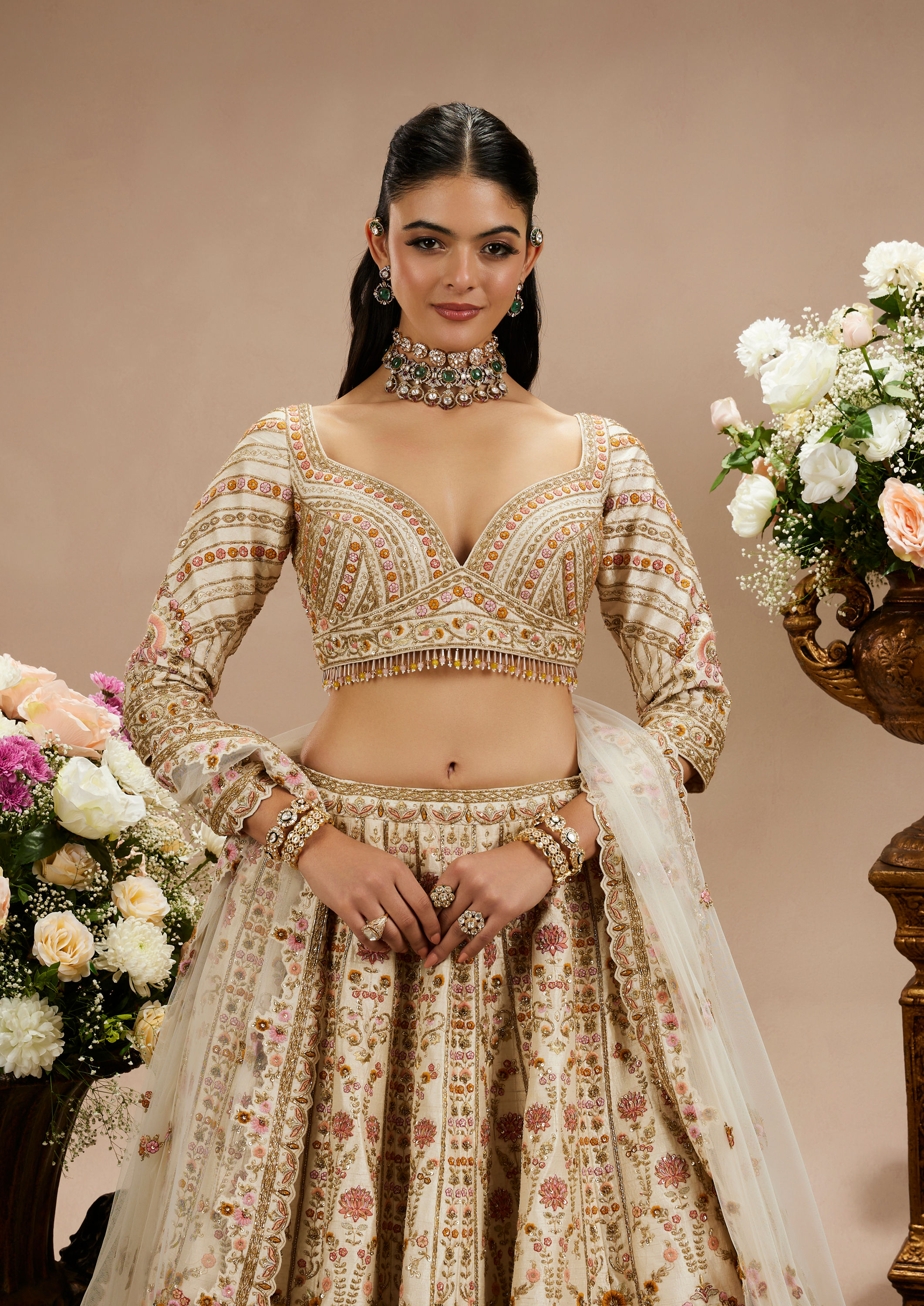 Twamev Women Cream Beige Floral Embroidered Lehenga with Paisley Patterns And Zari Work