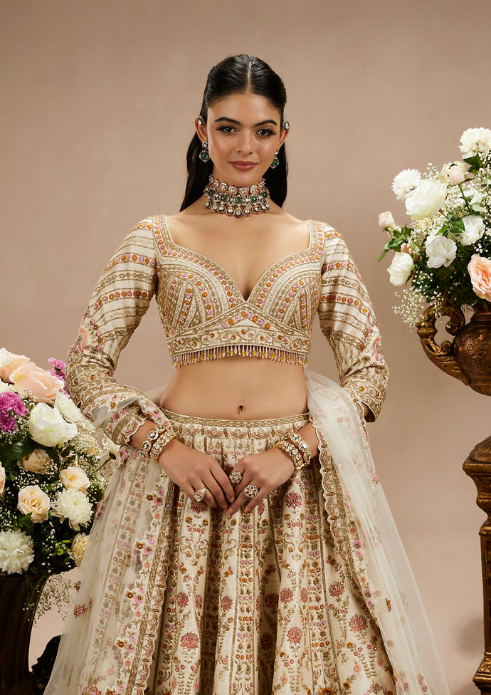 Twamev Women Cream Beige Floral Embroidered Lehenga with Paisley Patterns And Zari Work