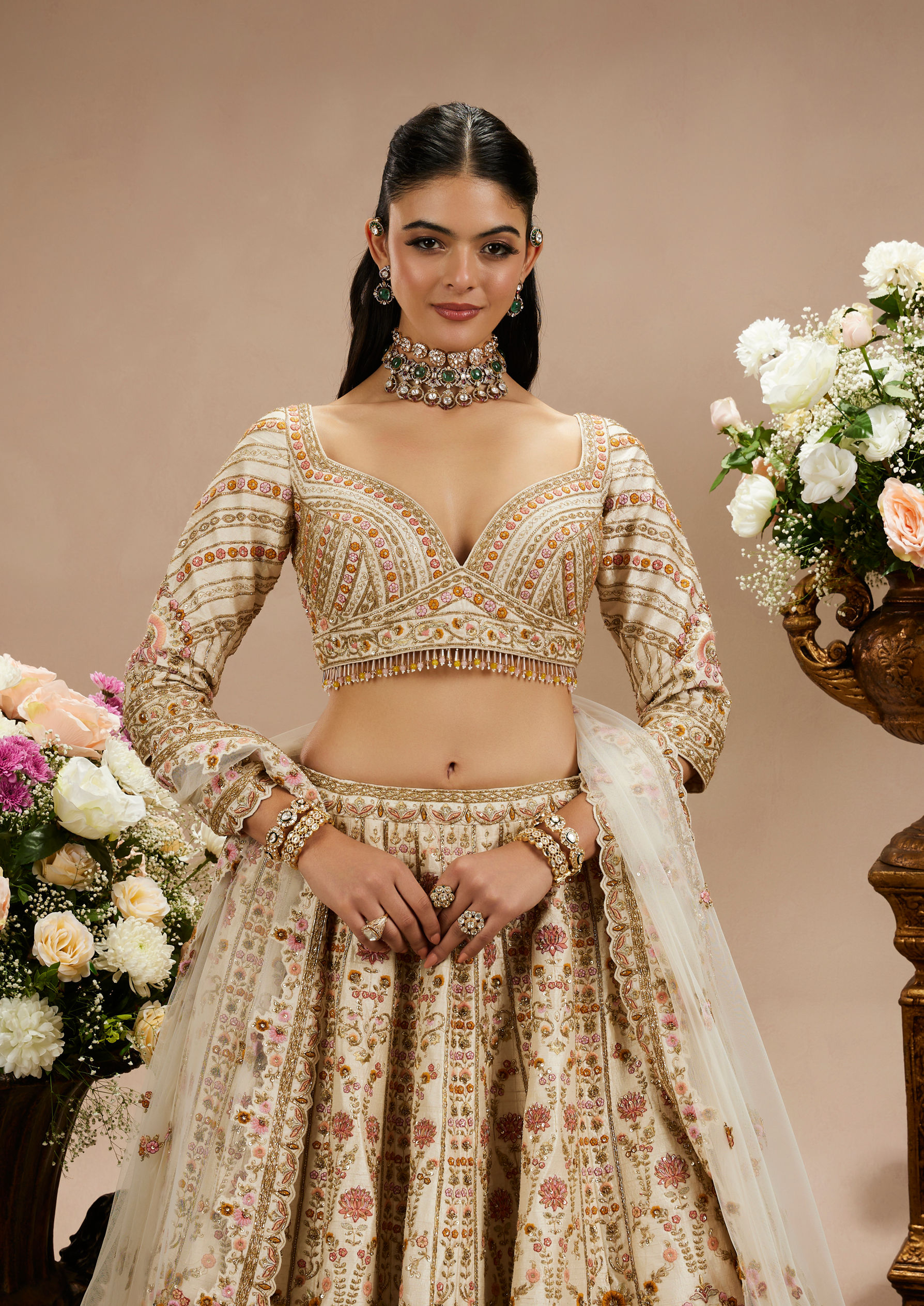 Twamev Women Cream Beige Floral Embroidered Lehenga with Paisley Patterns And Zari Work