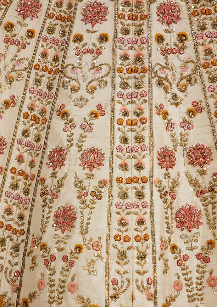 Twamev Women Cream Beige Floral Embroidered Lehenga with Paisley Patterns And Zari Work