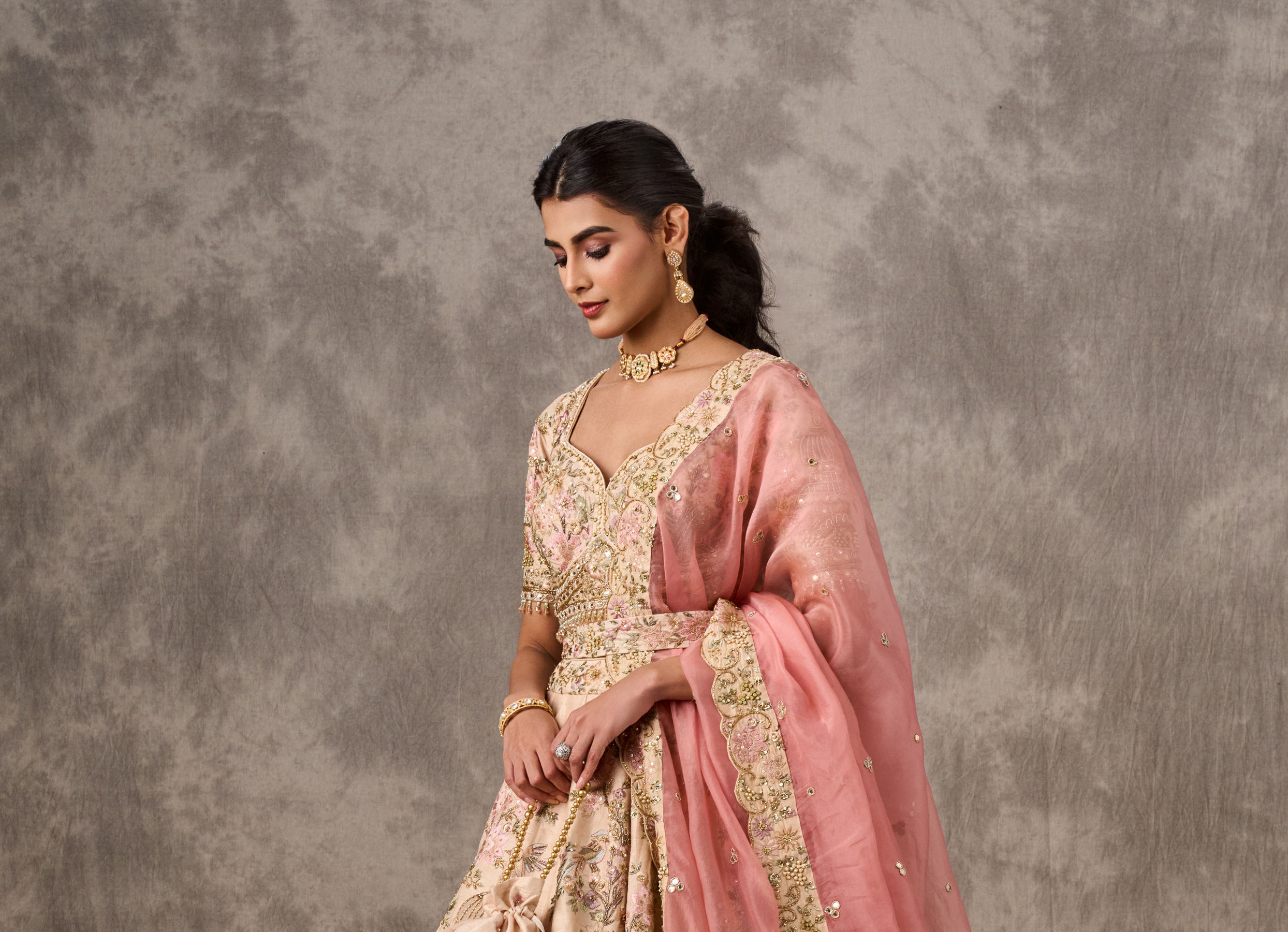 Twamev Women Radiant Cream Bridal Lehenga