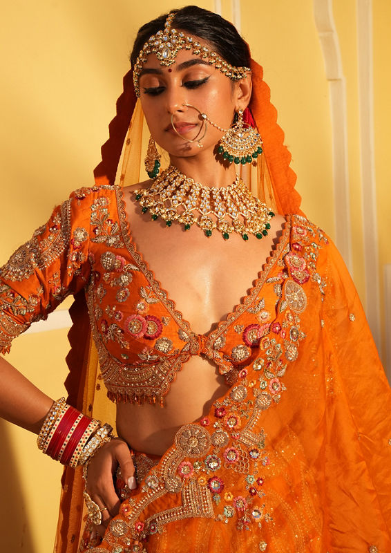 Twamev Women Twinkling Orange Lehenga Spectacle