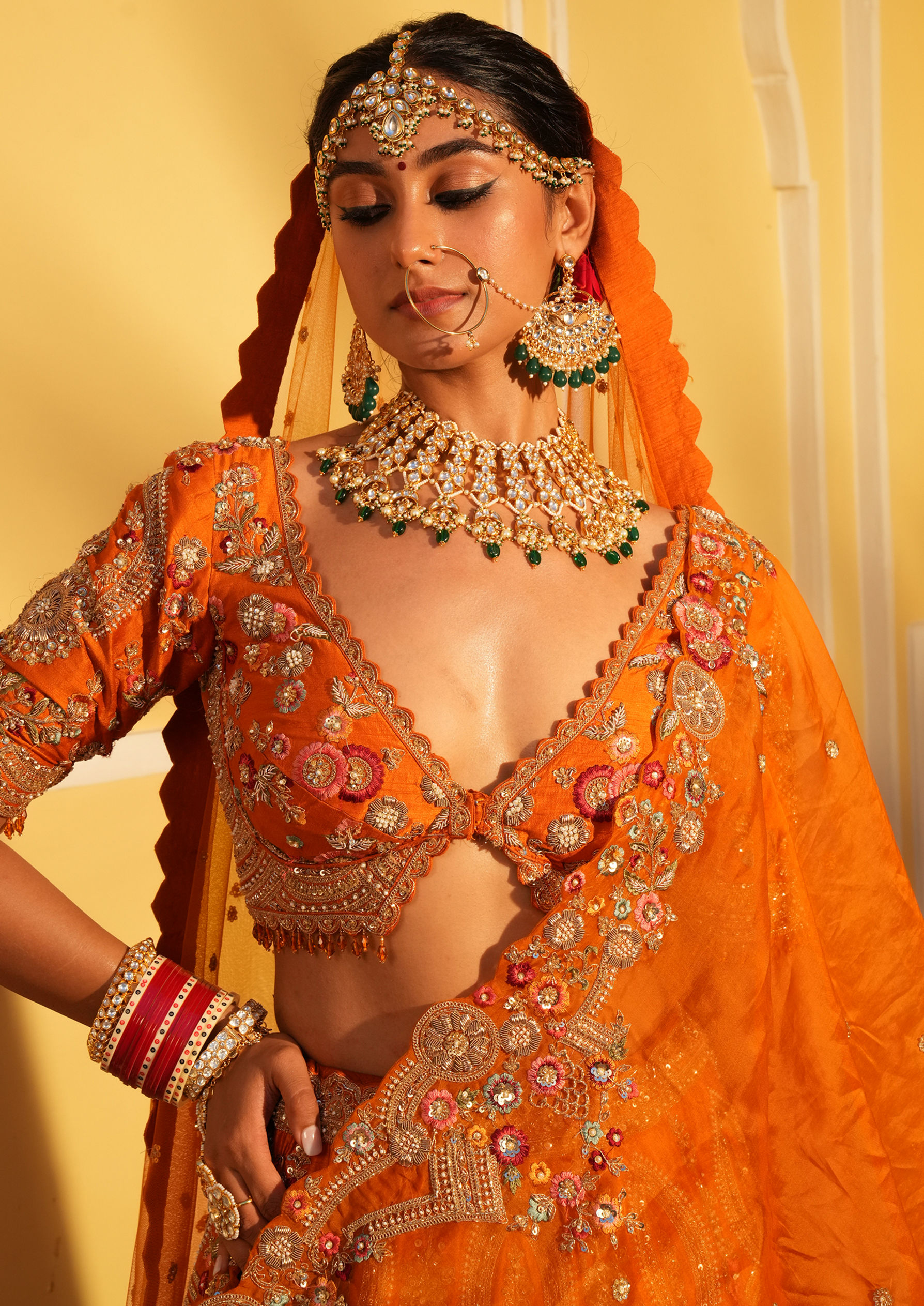 Twamev Women Twinkling Orange Lehenga Spectacle