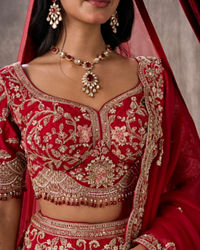 Twamev Women Rani Pink Raw Silk Zardosi Embroidered Bridal Lehenga
