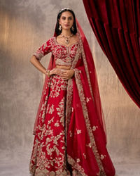 Twamev Women Rani Pink Raw Silk Zardosi Embroidered Bridal Lehenga