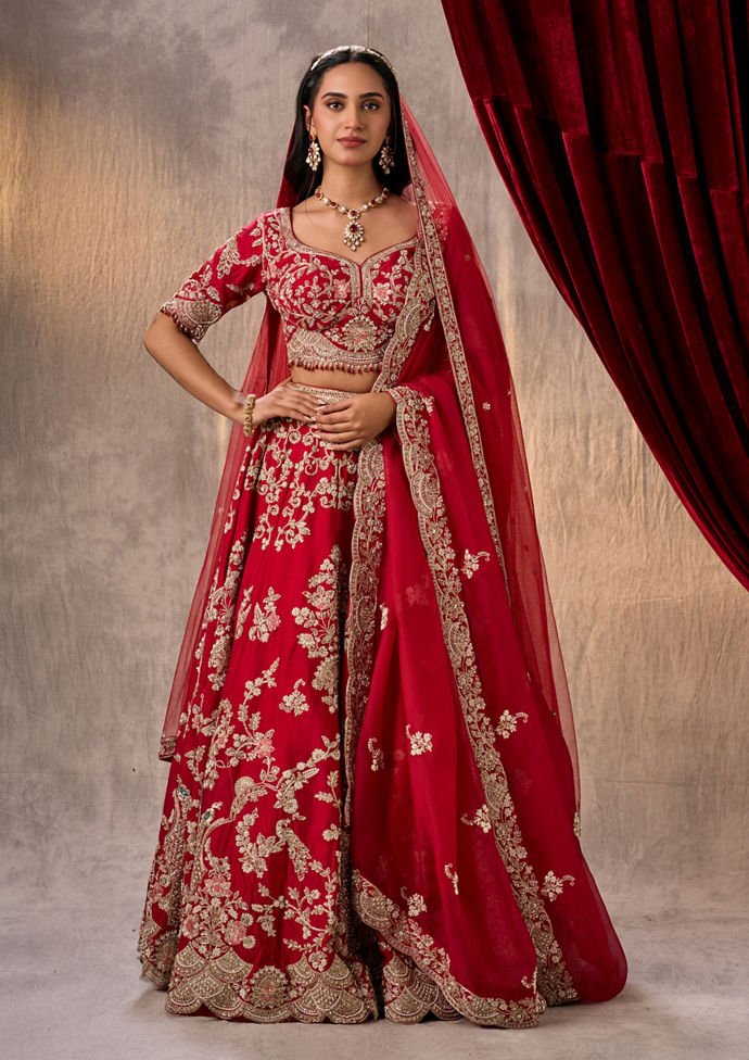 Twamev Women Rani Pink Raw Silk Zardosi Embroidered Bridal Lehenga