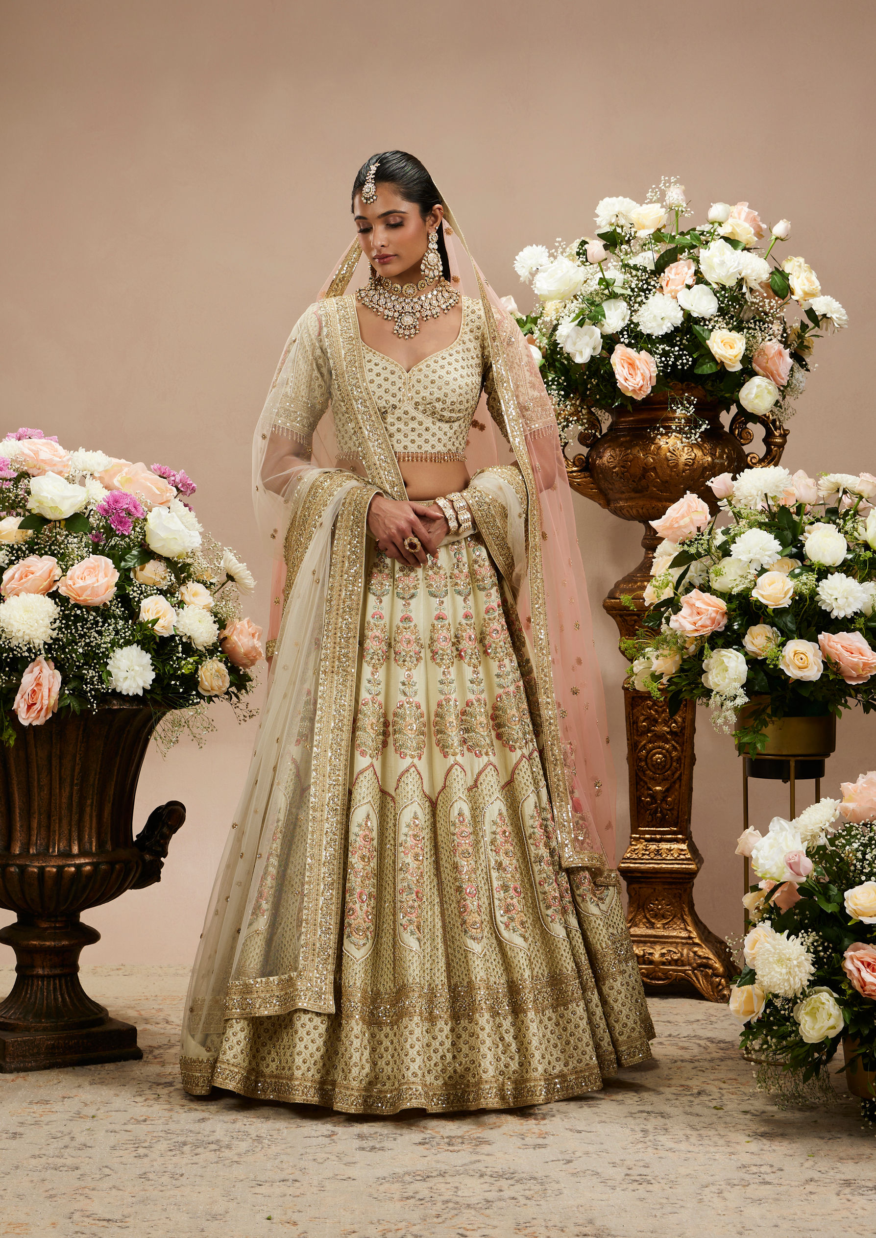 Twamev Women Cream White Jaal Patterned Lehenga with Floral Buta Motifs And Sequin Work