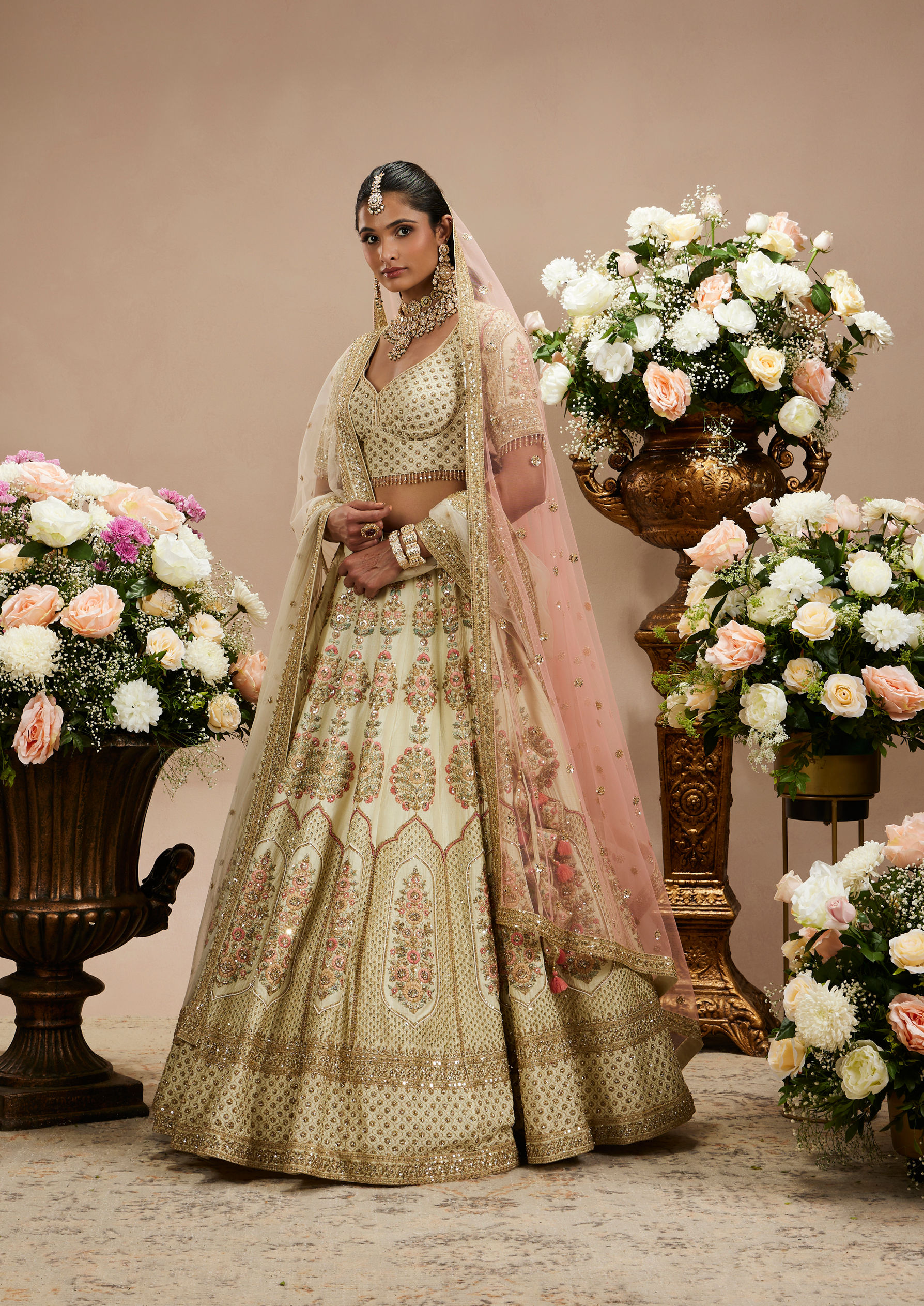 Twamev Women Cream White Jaal Patterned Lehenga with Floral Buta Motifs And Sequin Work