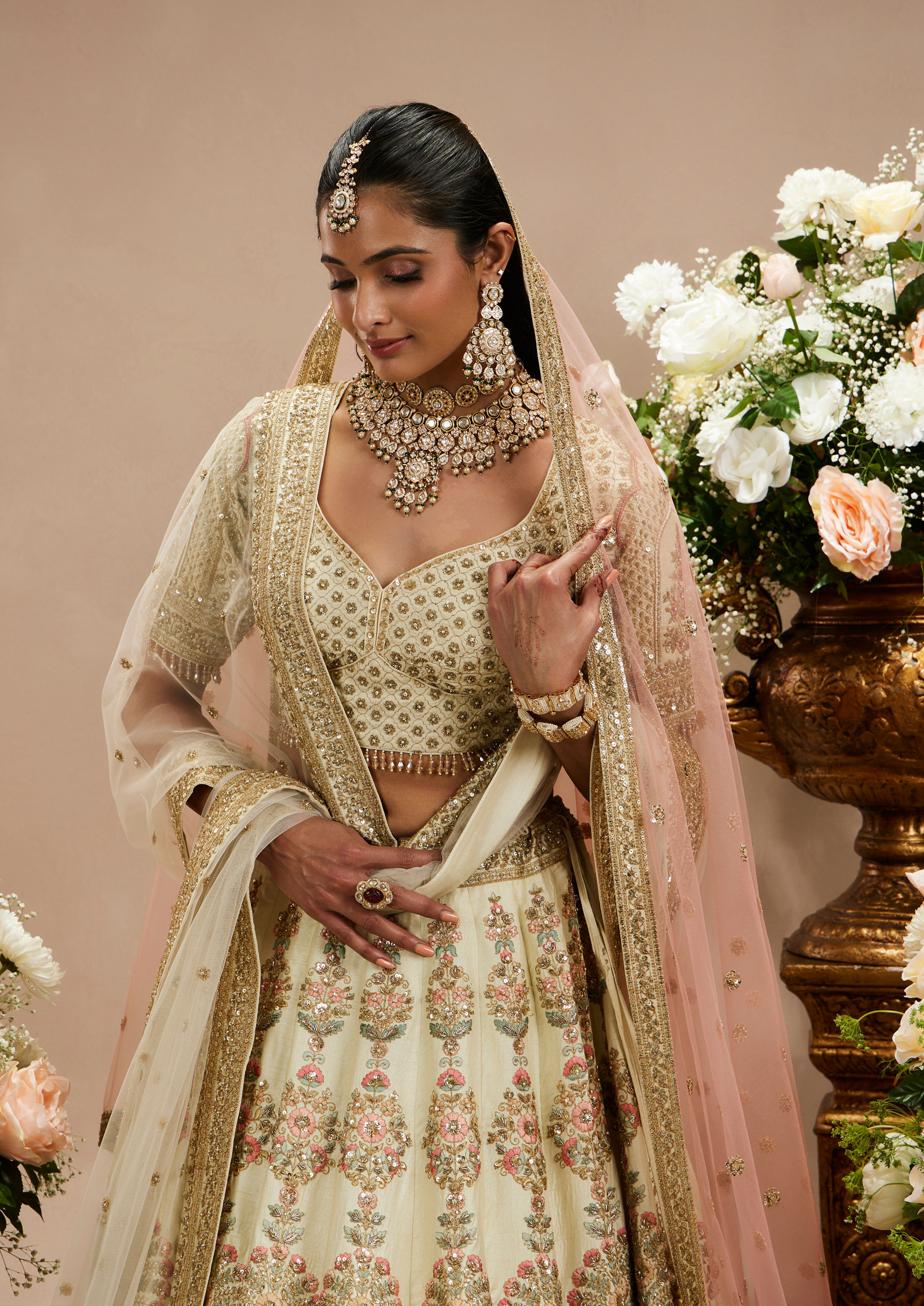 Twamev Women Cream White Jaal Patterned Lehenga with Floral Buta Motifs And Sequin Work