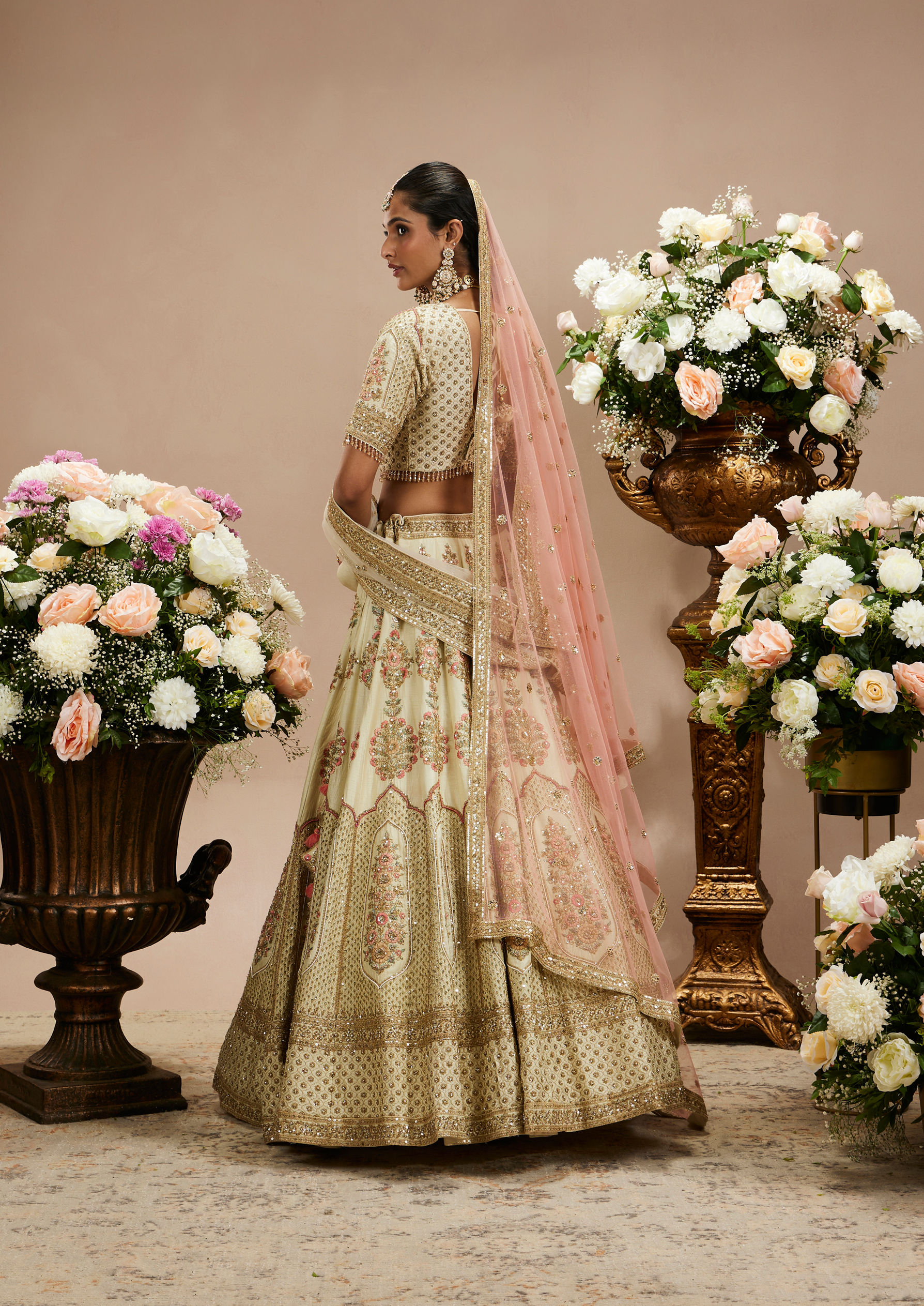Twamev Women Cream White Jaal Patterned Lehenga with Floral Buta Motifs And Sequin Work