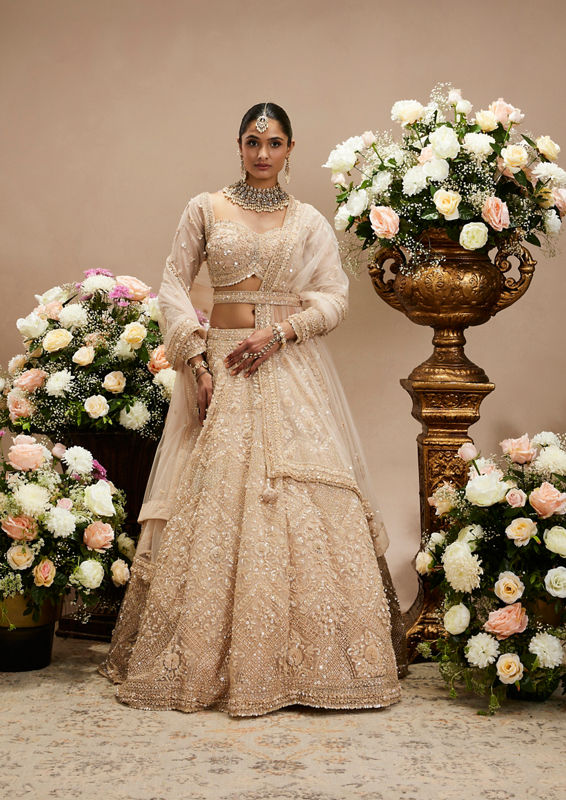 Twamev Women Honey Peach Jaal Patterned Lehenga with Floral Buta Motifs And Sequin And Stone Work