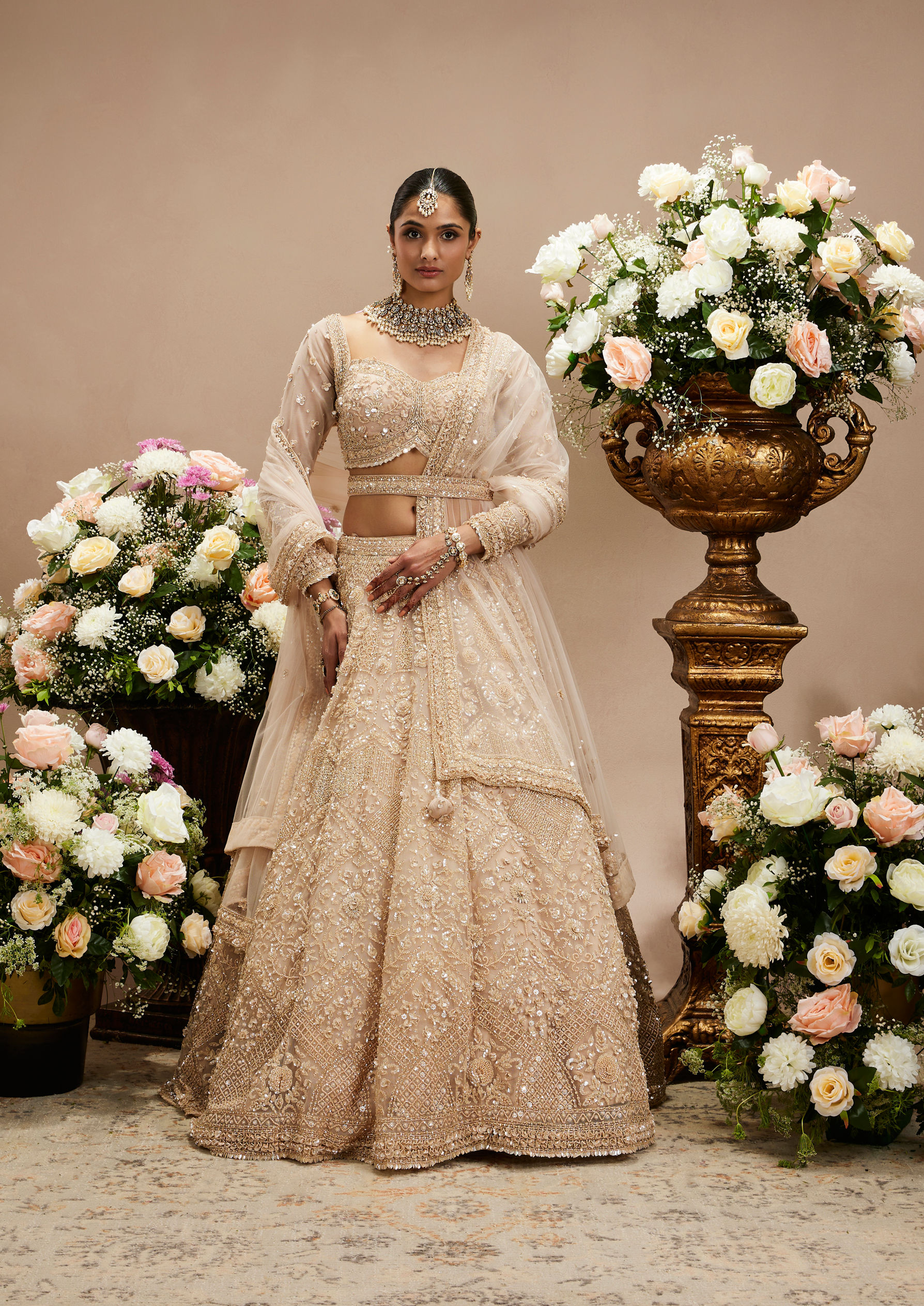 Twamev Women Honey Peach Jaal Patterned Lehenga with Floral Buta Motifs And Sequin And Stone Work