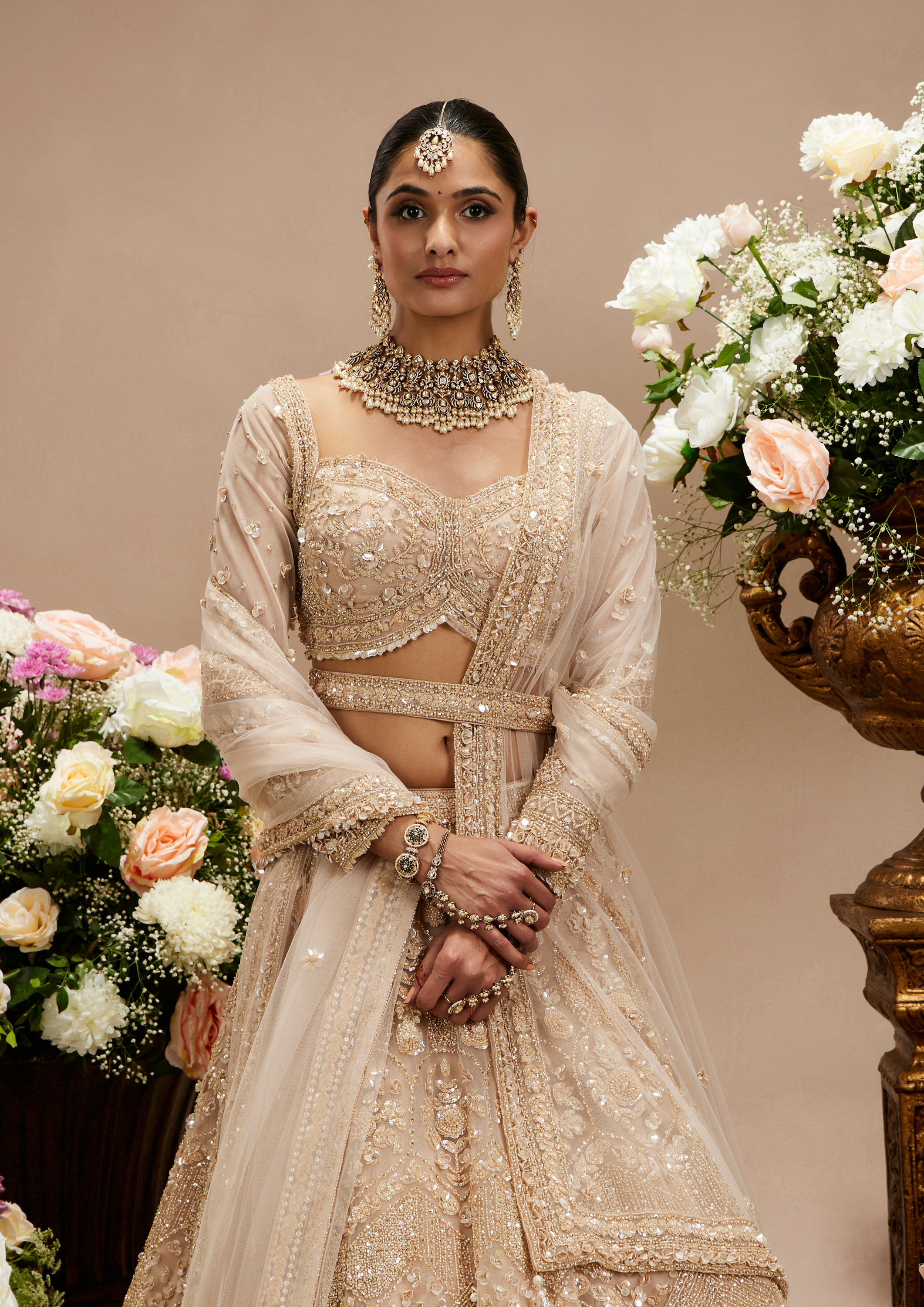 Twamev Women Honey Peach Jaal Patterned Lehenga with Floral Buta Motifs And Sequin And Stone Work