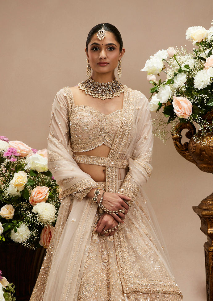 Twamev Women Honey Peach Jaal Patterned Lehenga with Floral Buta Motifs And Sequin And Stone Work