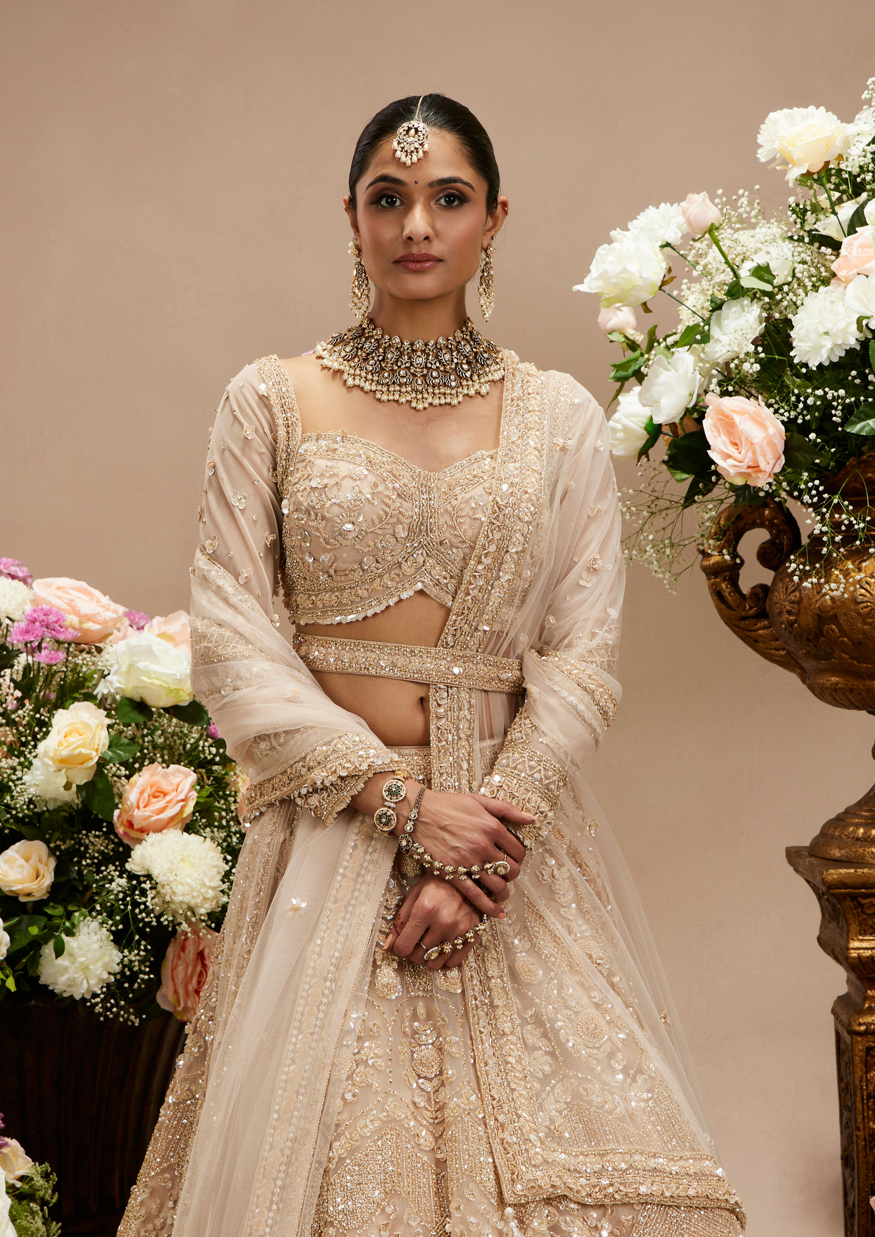 Twamev Women Honey Peach Jaal Patterned Lehenga with Floral Buta Motifs And Sequin And Stone Work