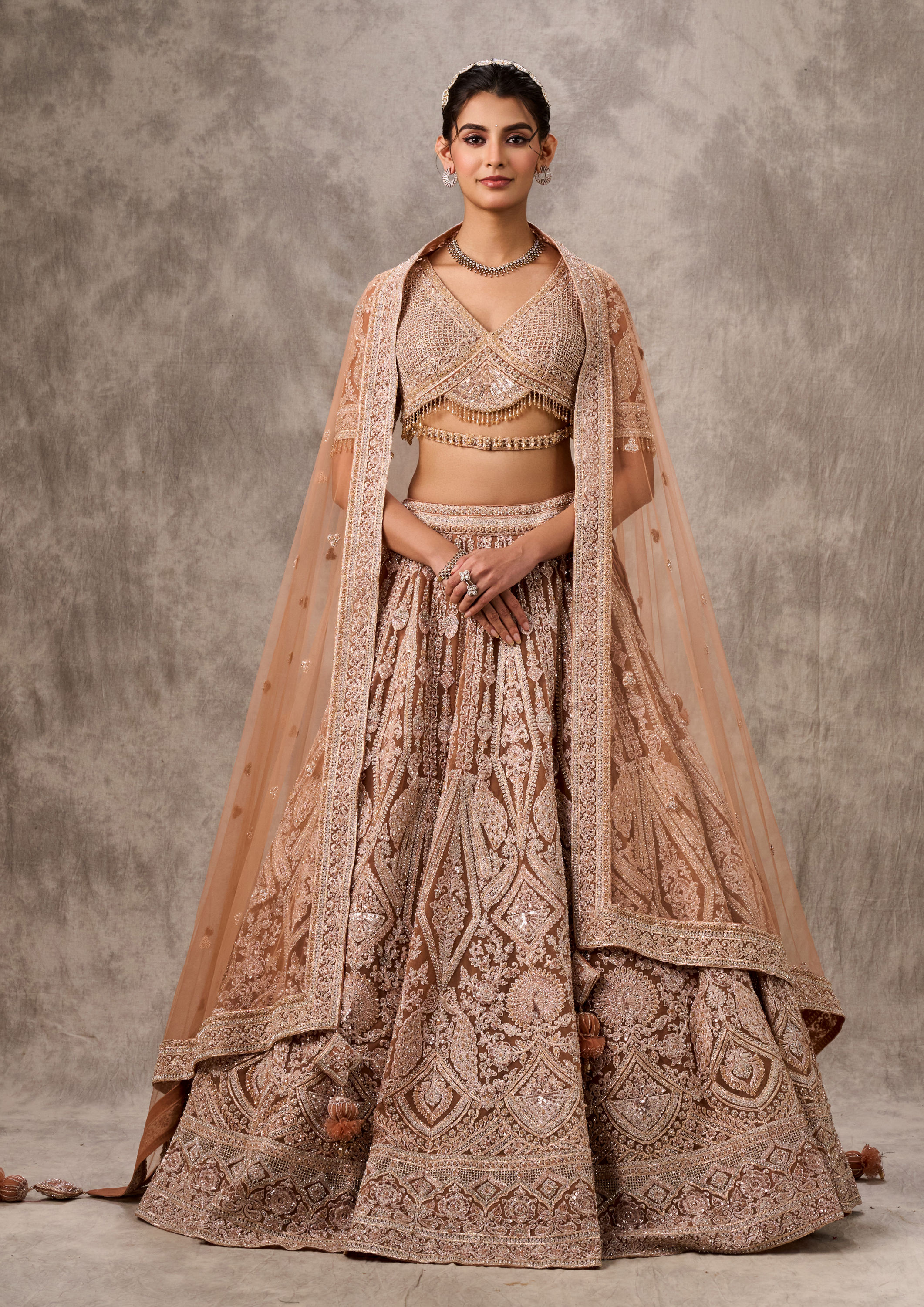 Twamev Women Fawn Net Aari Embroidered Bridal Lehenga