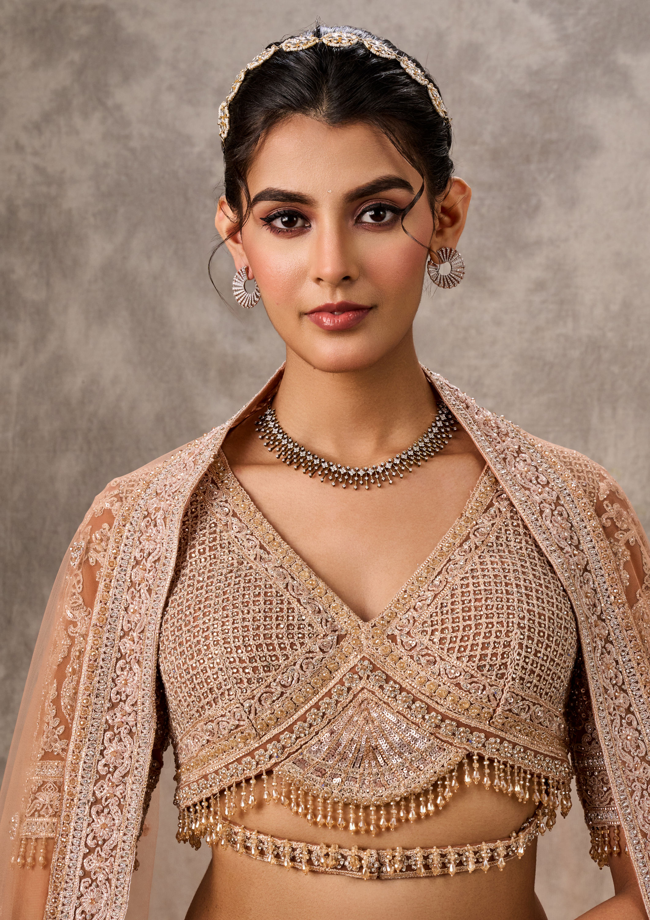Twamev Women Fawn Net Aari Embroidered Bridal Lehenga