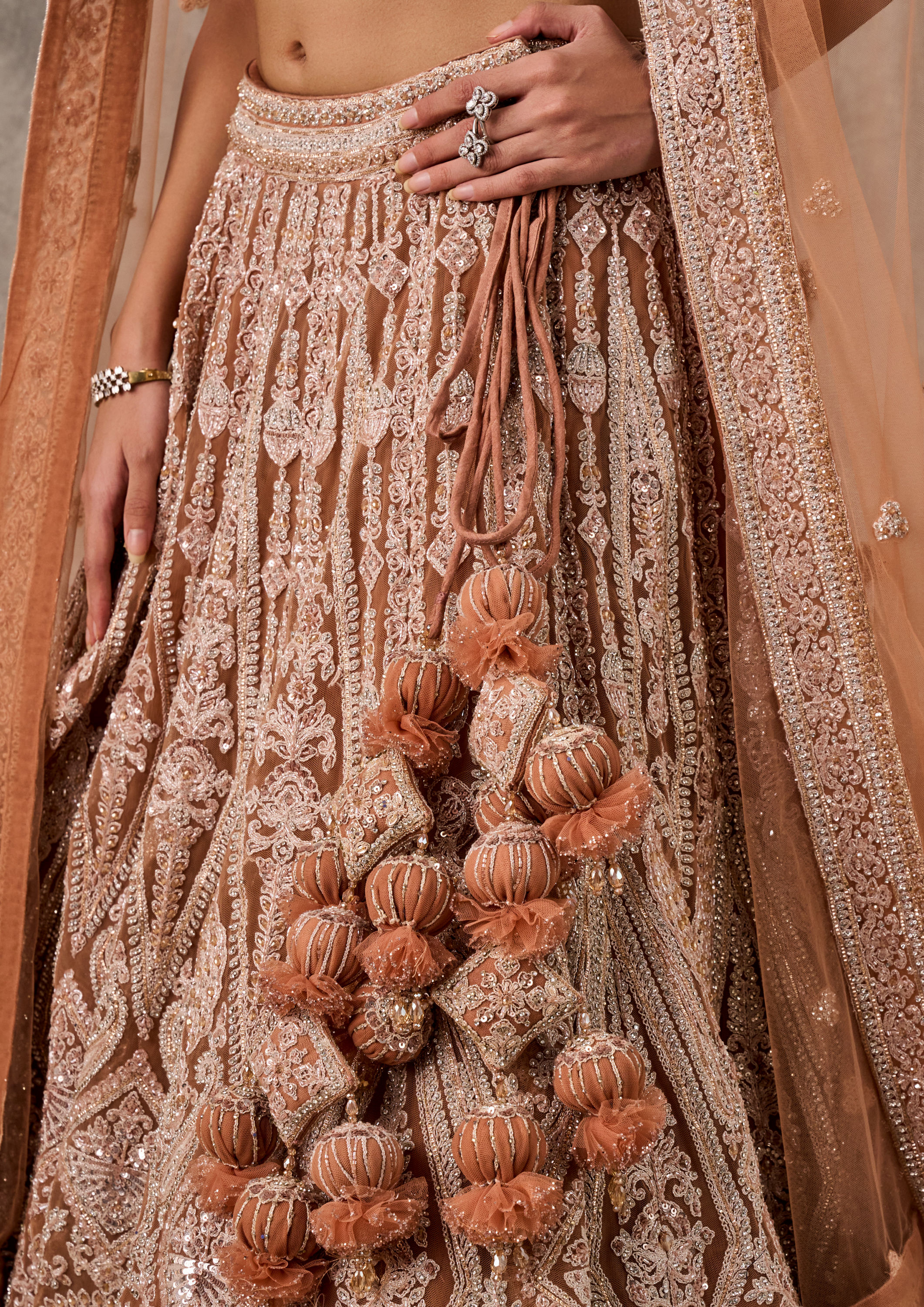 Twamev Women Fawn Net Aari Embroidered Bridal Lehenga