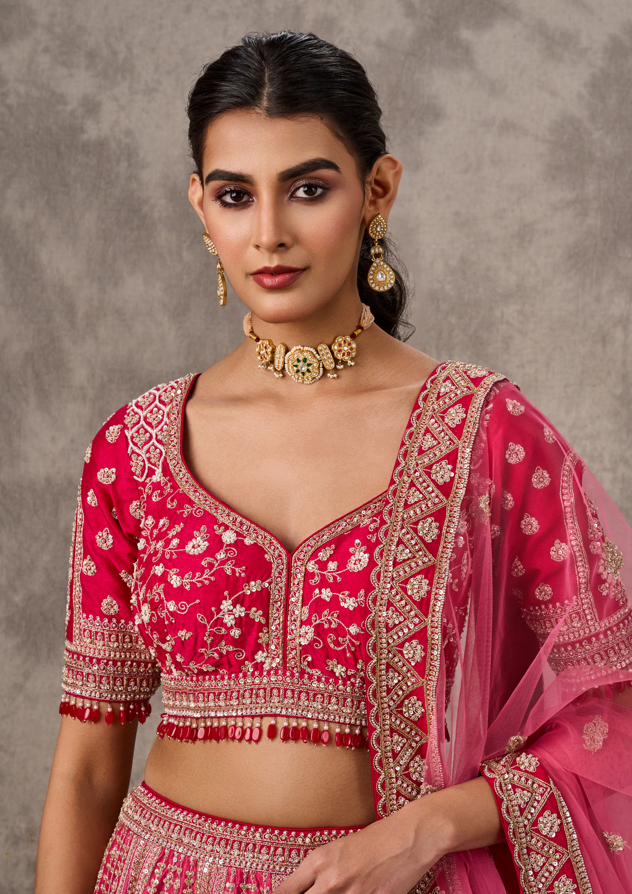 Twamev Women Vibrant Pink Bridal Lehenga