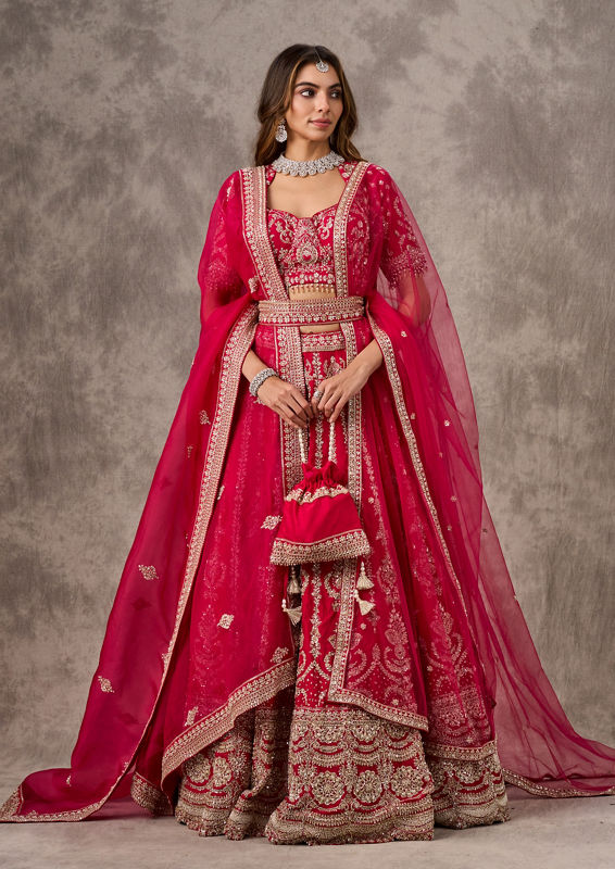 Twamev Women Rani Pink Silk Zardosi Embroidered Dupatta Veil Belt & Lehenga
