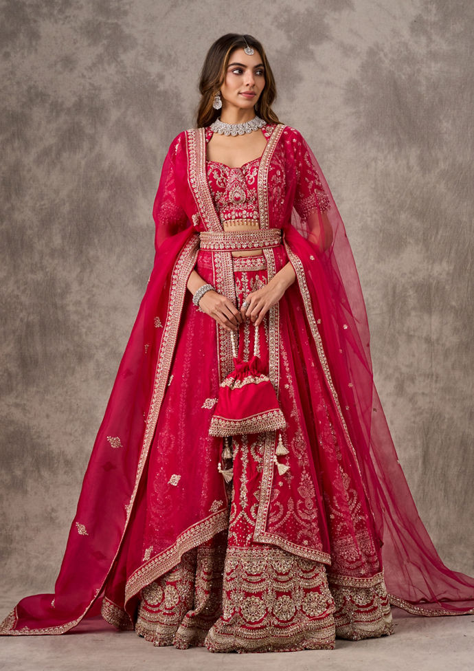 Twamev Women Rani Pink Silk Zardosi Embroidered Dupatta Veil Belt & Lehenga