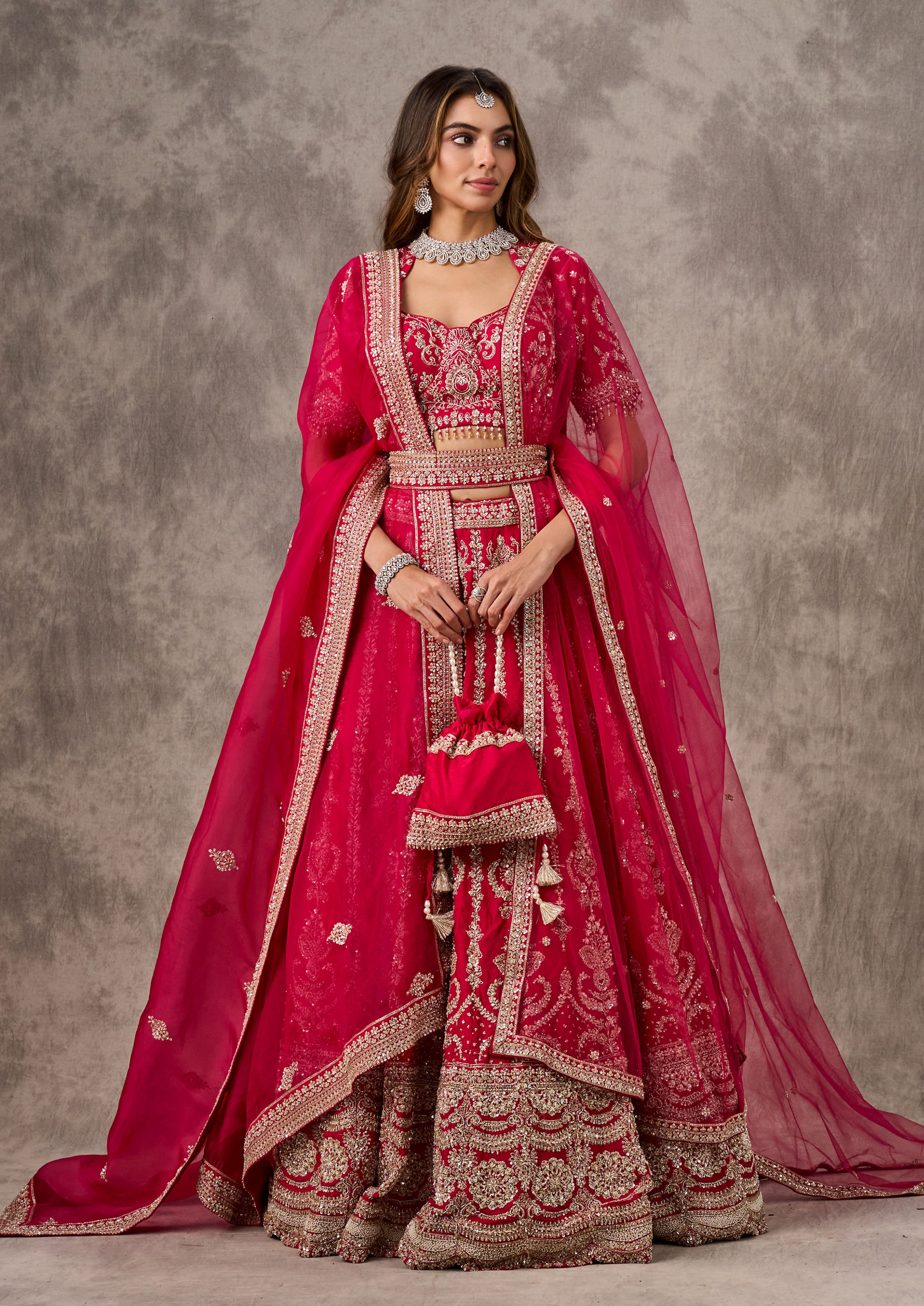 Twamev Women Rani Pink Silk Zardosi Embroidered Dupatta Veil Belt & Lehenga