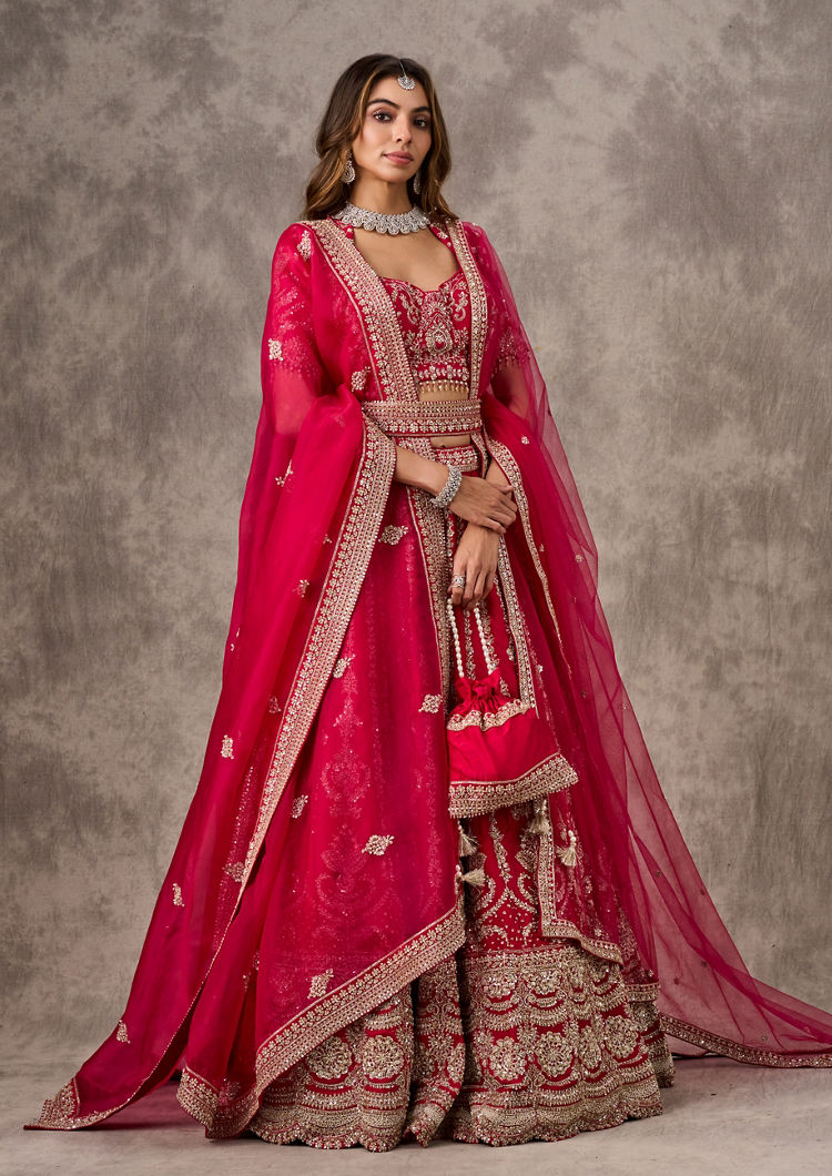 Twamev Women Rani Pink Silk Zardosi Embroidered Dupatta Veil Belt & Lehenga