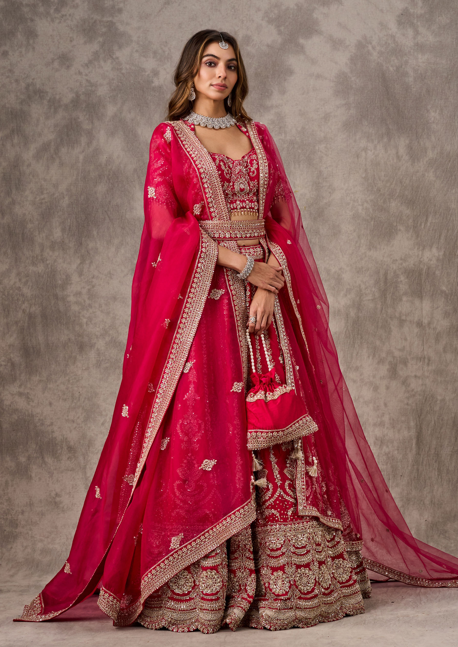 Twamev Women Rani Pink Silk Zardosi Embroidered Dupatta Veil Belt & Lehenga