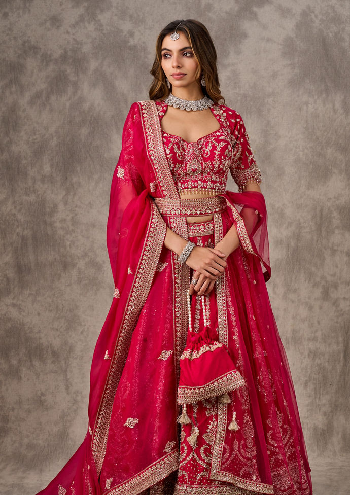 Twamev Women Rani Pink Silk Zardosi Embroidered Dupatta Veil Belt & Lehenga