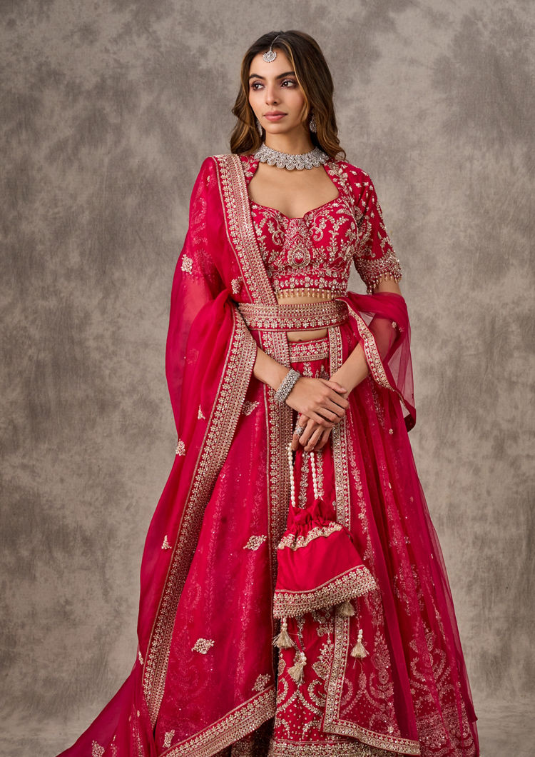 Twamev Women Rani Pink Silk Zardosi Embroidered Dupatta Veil Belt & Lehenga