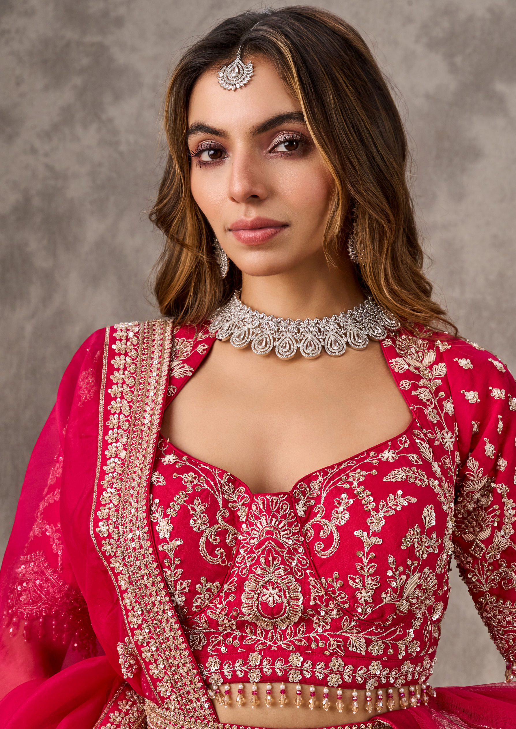 Twamev Women Rani Pink Silk Zardosi Embroidered Dupatta Veil Belt & Lehenga