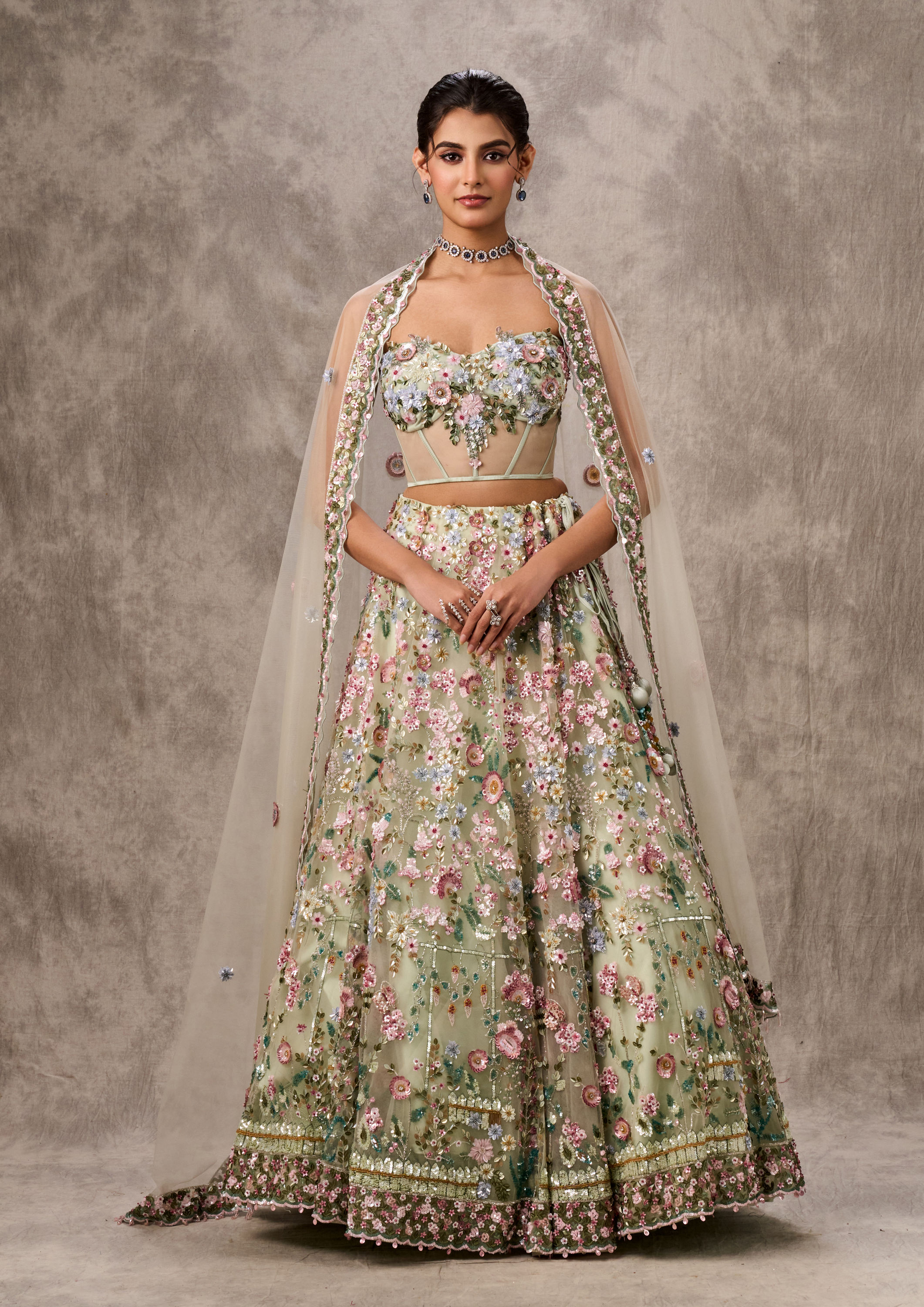 Twamev Women Pista Green Net Lehenga