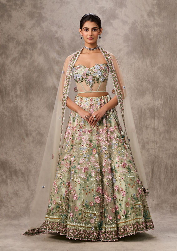 Twamev Women Pista Green Net Lehenga