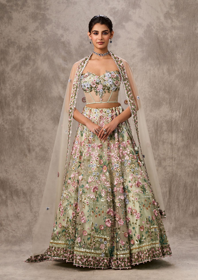 Twamev Women Pista Green Net Lehenga