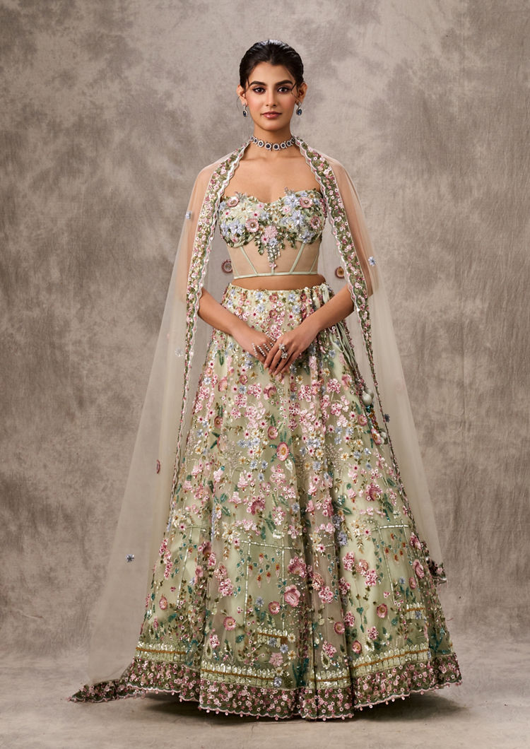 Twamev Women Pista Green Net Lehenga