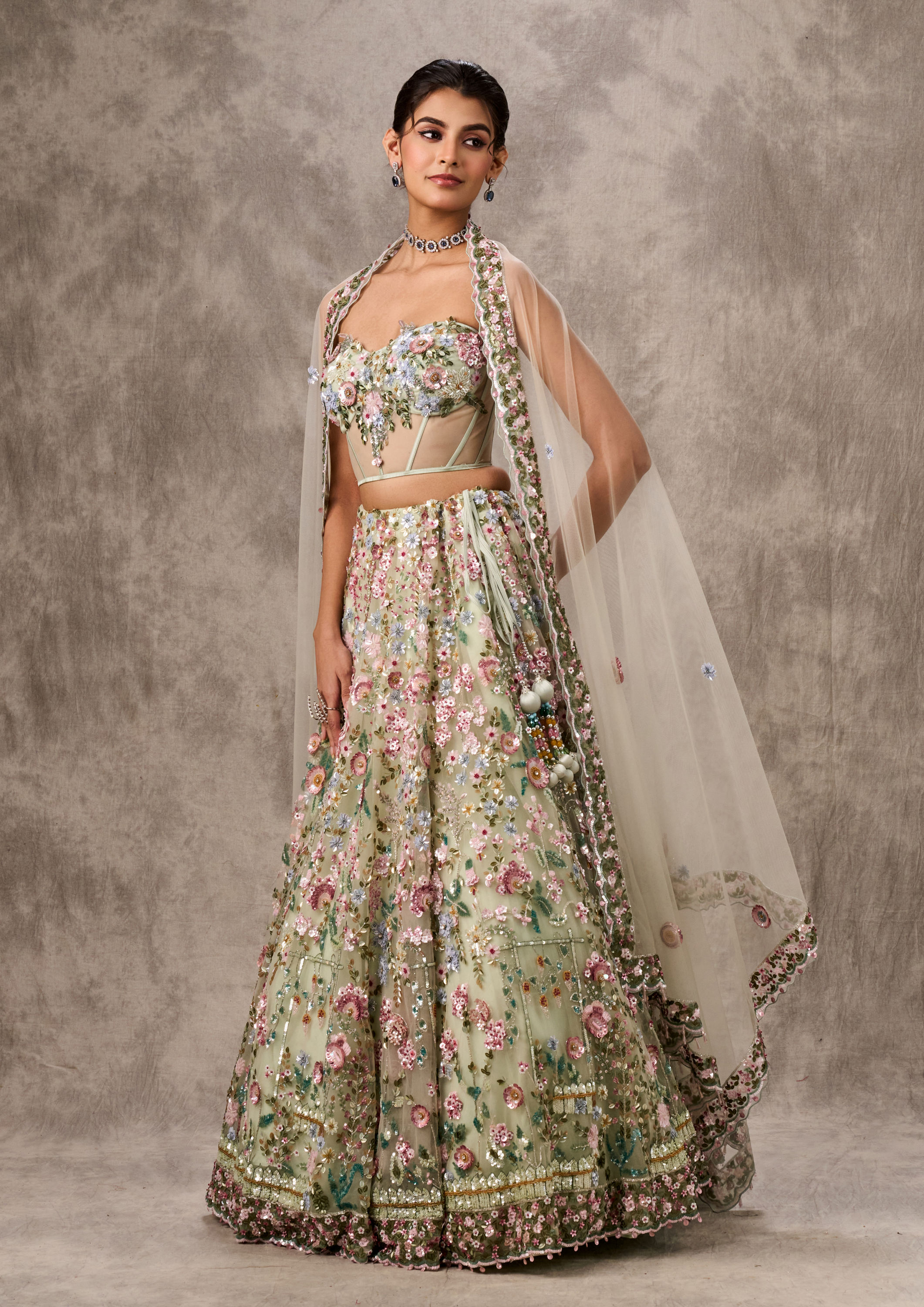 Twamev Women Pista Green Net Lehenga