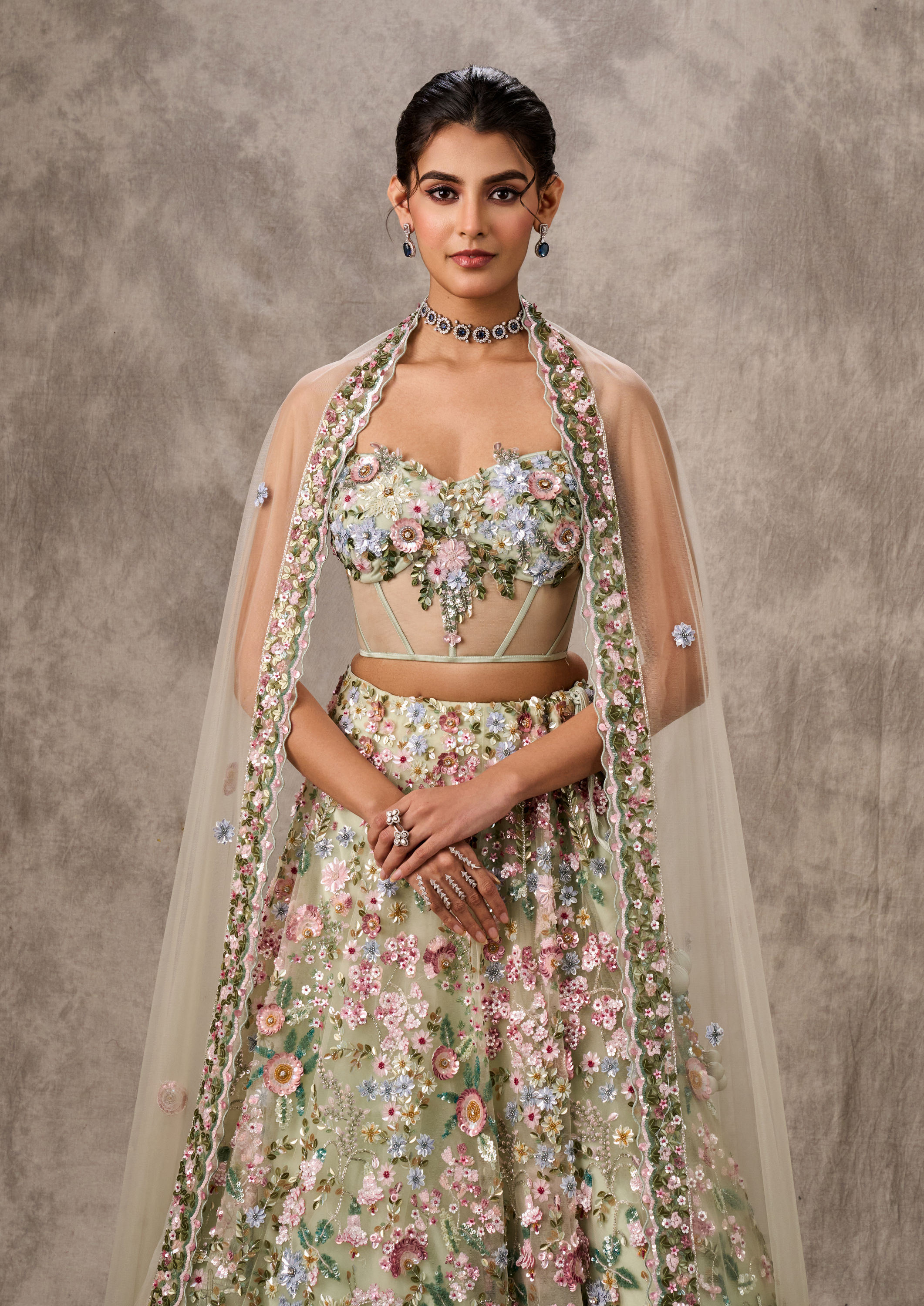 Twamev Women Pista Green Net Lehenga