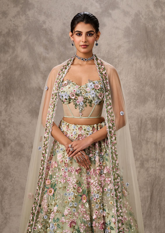 Twamev Women Pista Green Net Lehenga