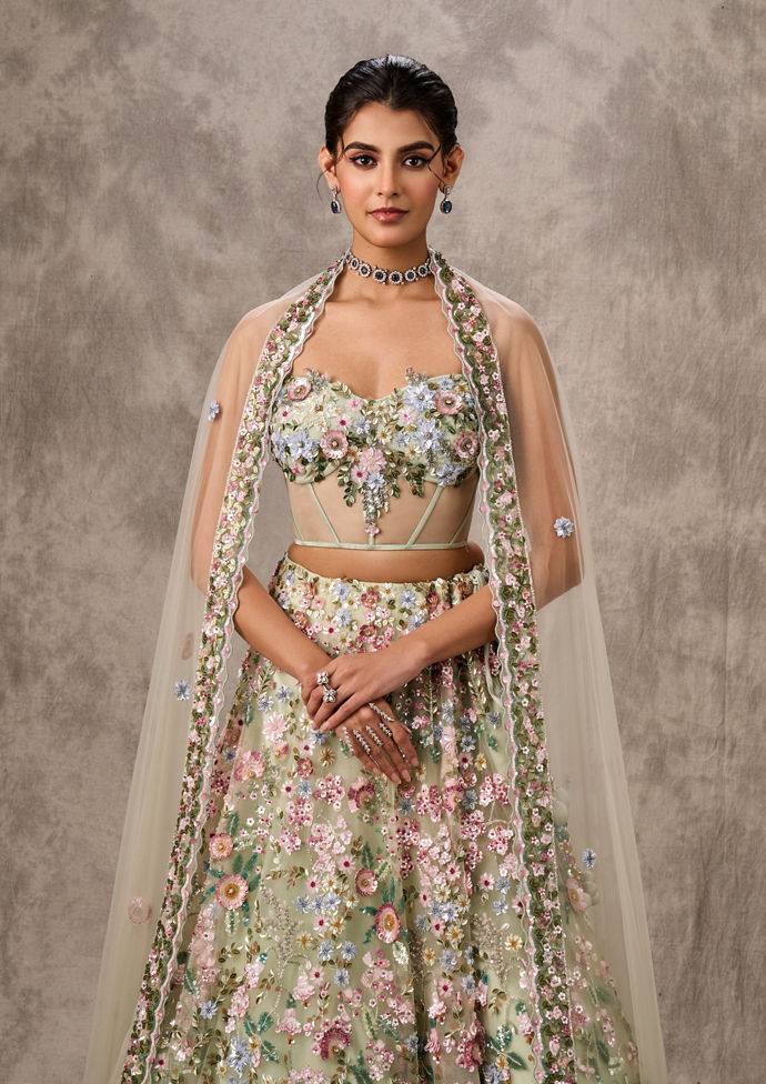 Twamev Women Pista Green Net Lehenga