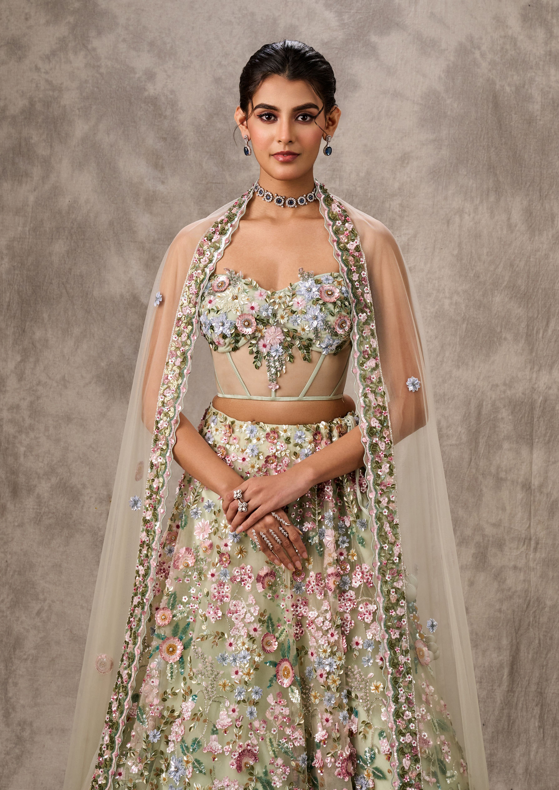 Twamev Women Pista Green Net Lehenga