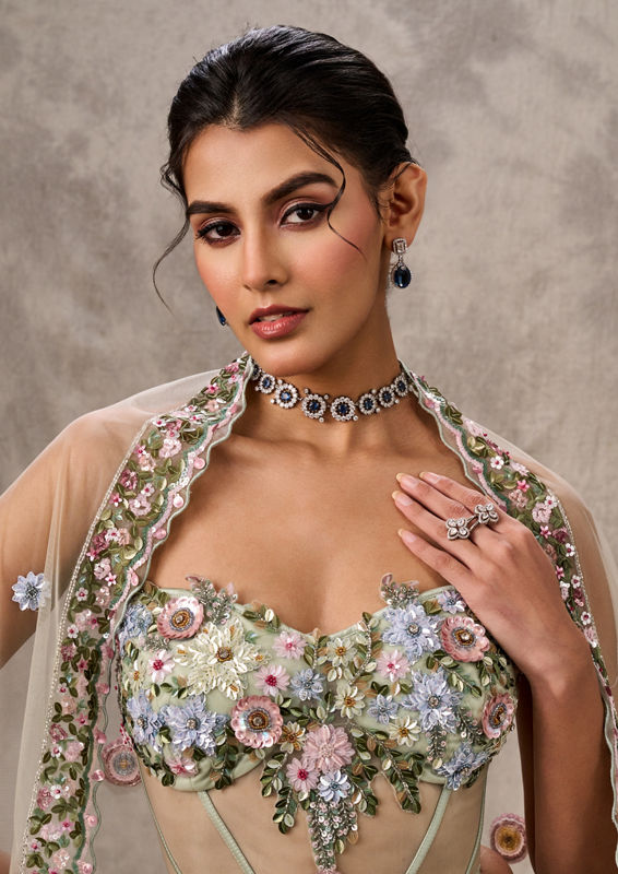 Twamev Women Pista Green Net Lehenga