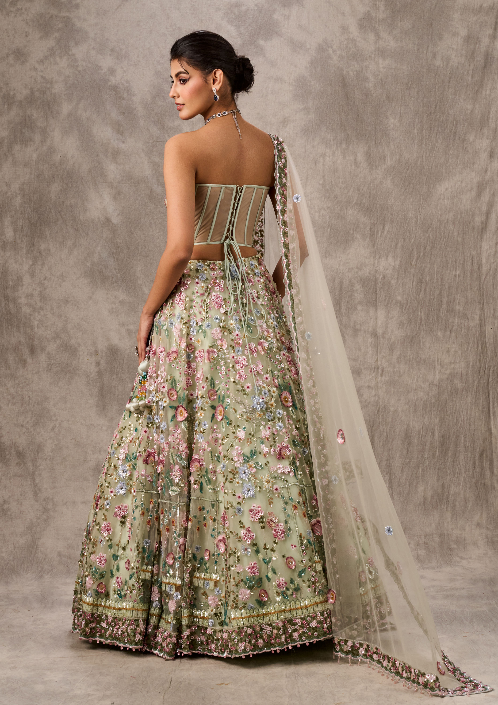 Twamev Women Pista Green Net Lehenga