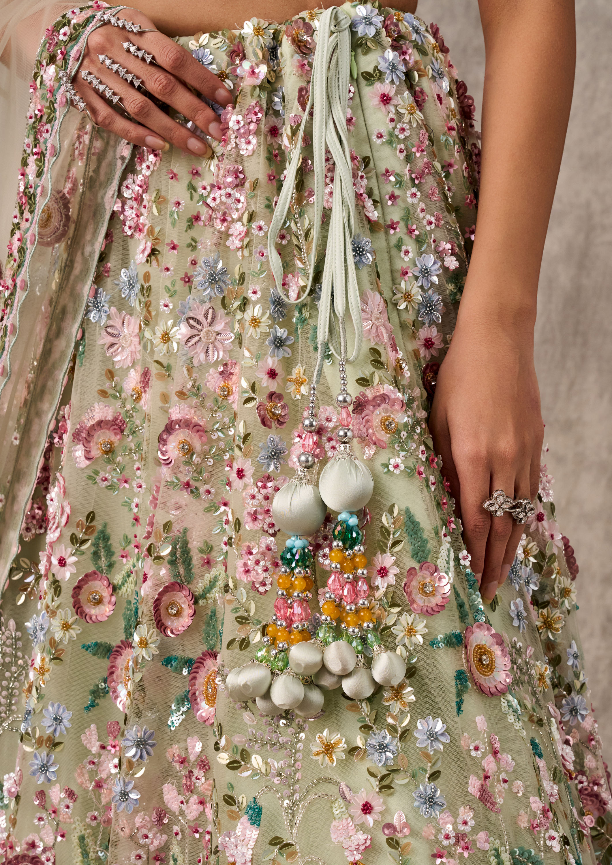 Twamev Women Pista Green Net Lehenga