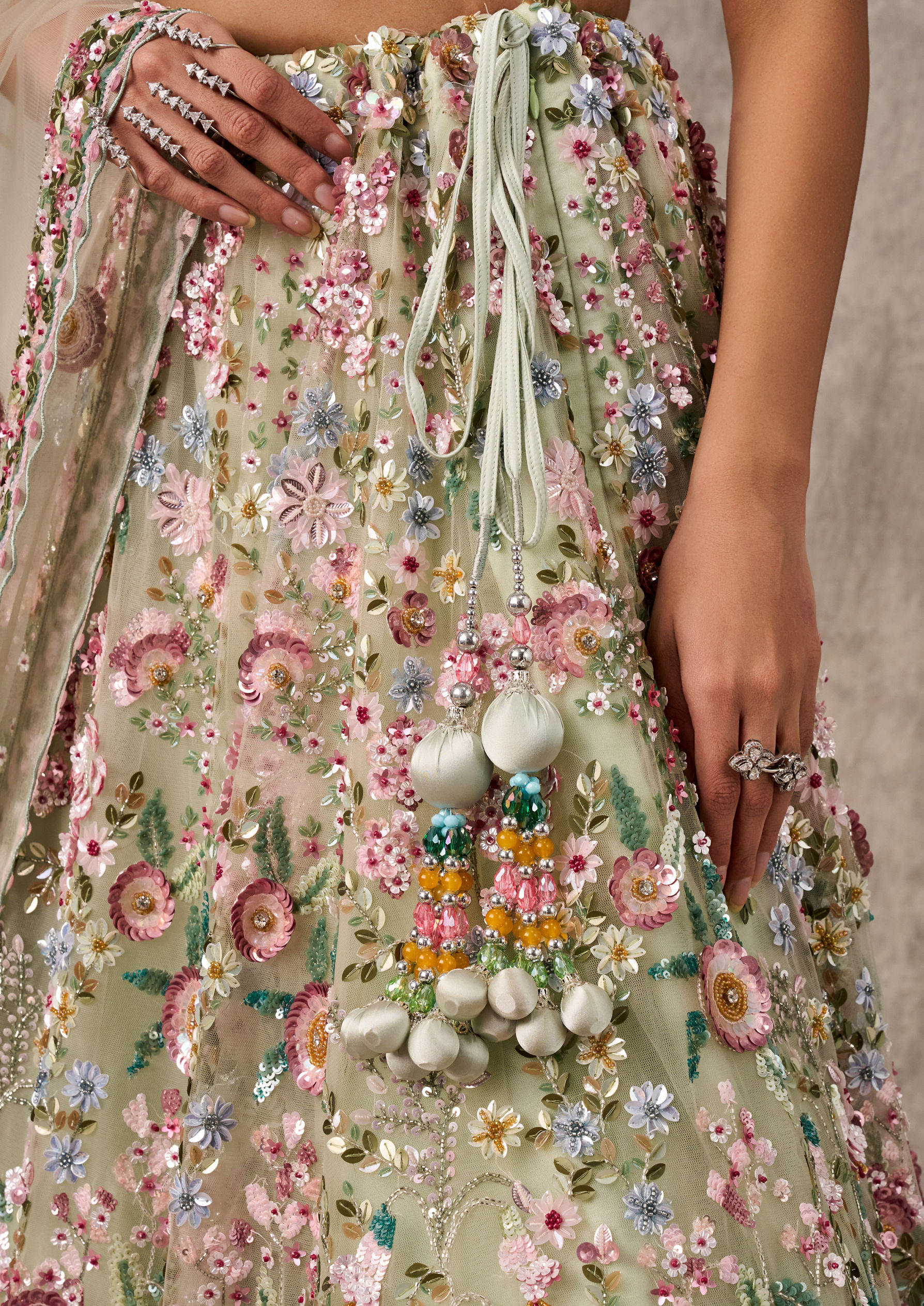 Twamev Women Pista Green Net Lehenga