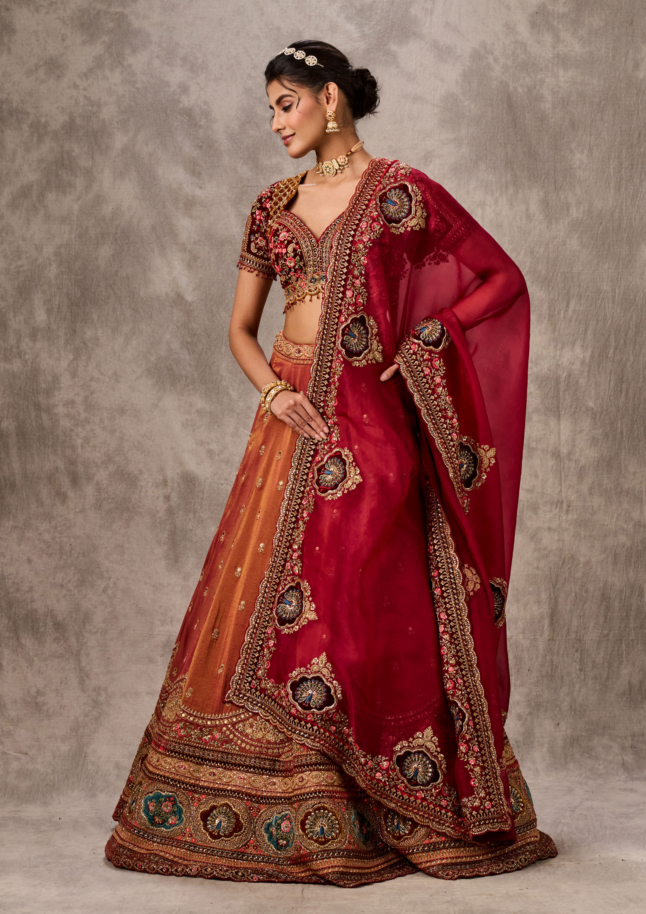 Twamev Women Gajree Peach Tissue Lehenga