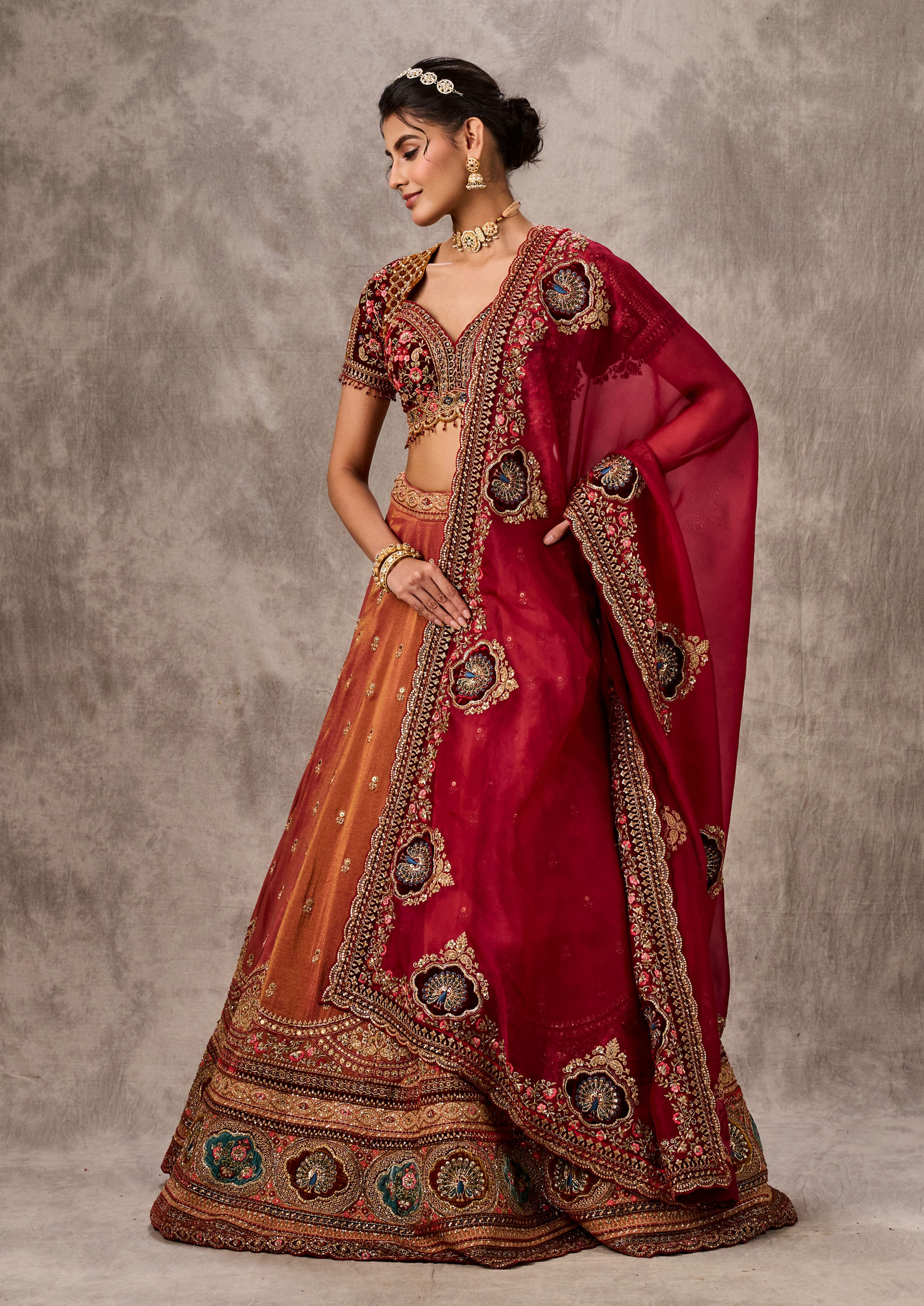 Twamev Women Gajree Peach Tissue Lehenga